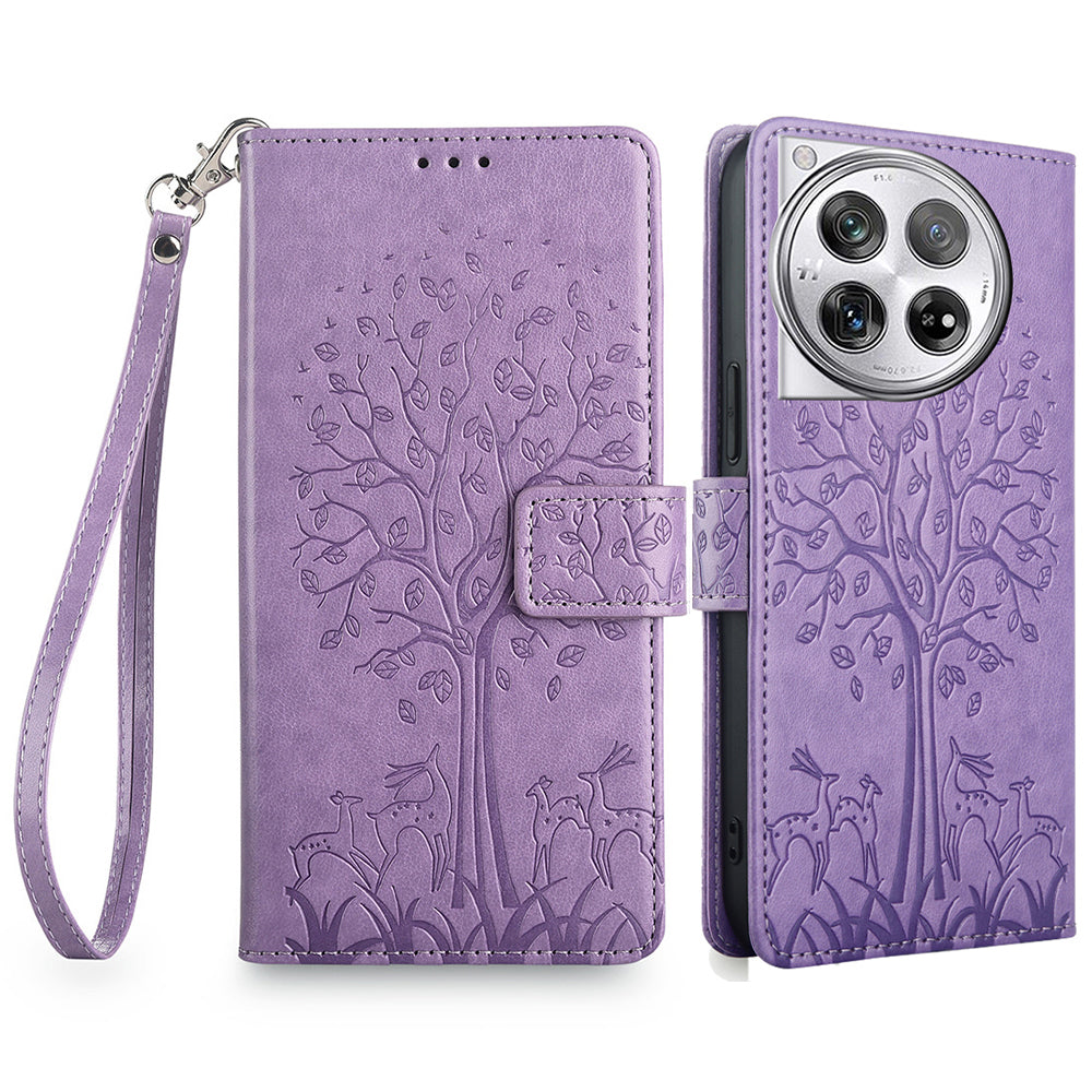 For OnePlus 12 5G Leather Case Imprinted Deer Tree Pattern Card Slots Wallet Phone Guard Cover - Green