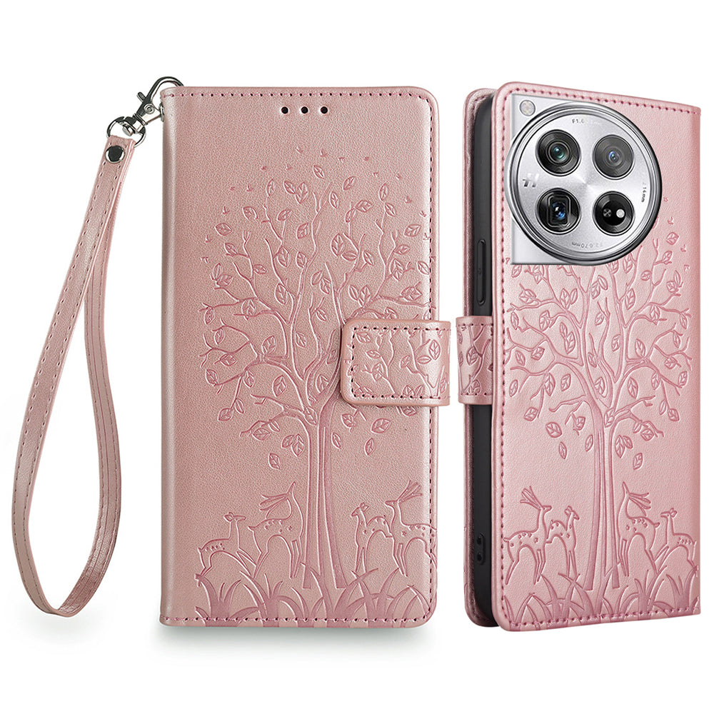 For OnePlus 12 5G Leather Case Imprinted Deer Tree Pattern Card Slots Wallet Phone Guard Cover - Green