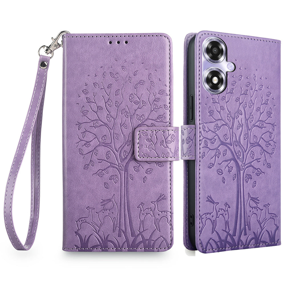 For Oppo A2x 5G / A2m 5G Case Imprinted Deer Tree Pattern Shockproof Stand Mobile Phone Cover - Purple