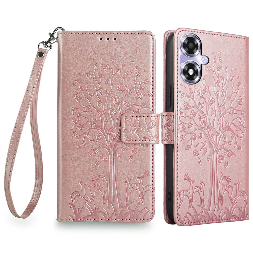 For Oppo A2x 5G / A2m 5G Case Imprinted Deer Tree Pattern Shockproof Stand Mobile Phone Cover - Purple