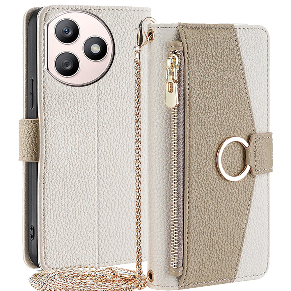 For Honor X50i+ 5G Zipper Wallet Case PU Leather 3 Card Holders Phone Cover with Crossbody Strap - White