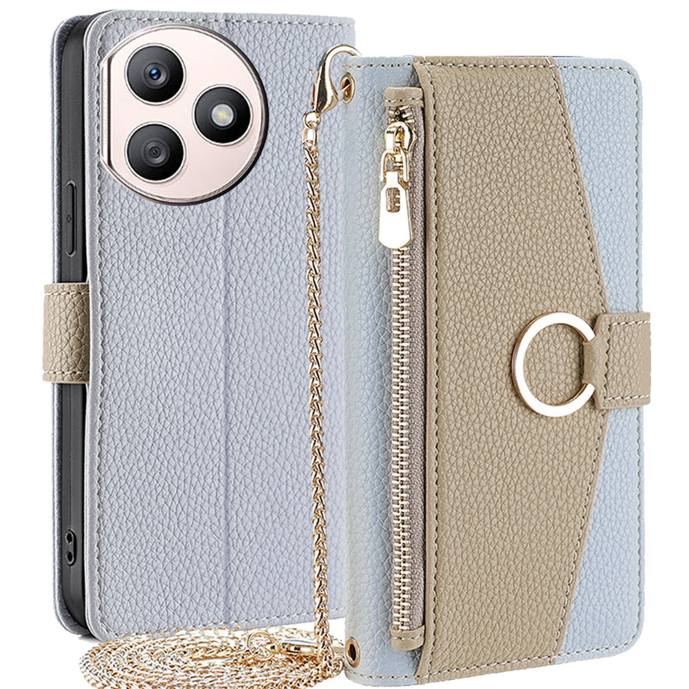 For Honor X50i+ 5G Zipper Wallet Case PU Leather 3 Card Holders Phone Cover with Crossbody Strap - White
