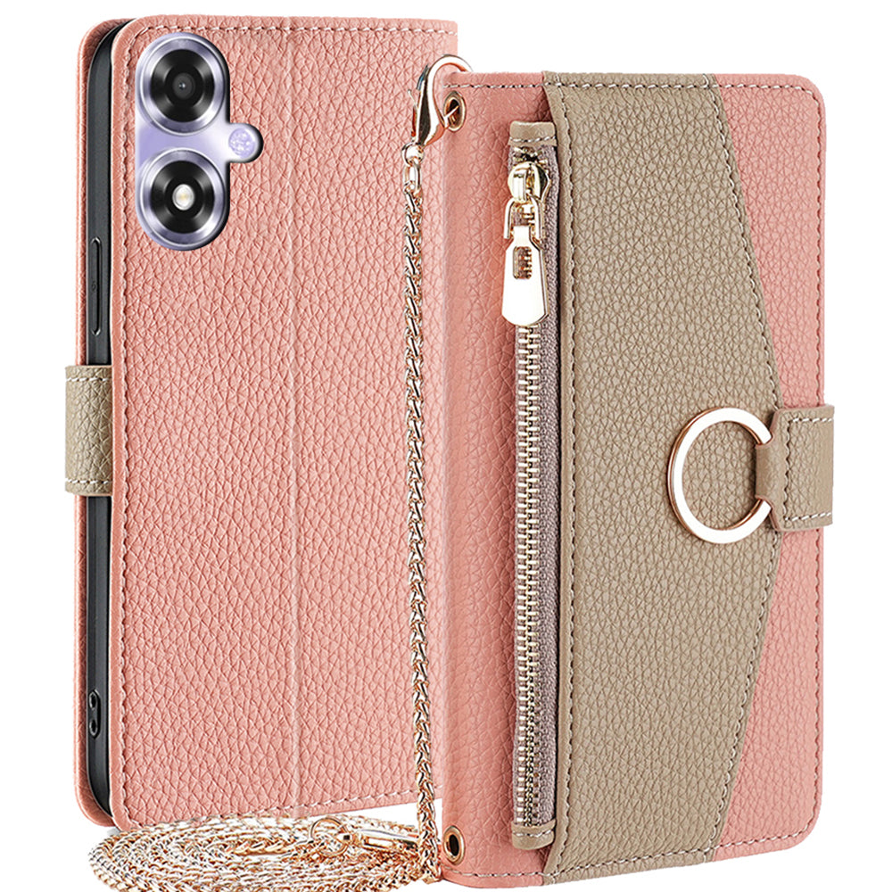 For Oppo A2x 5G / A2m 5G Magnetic Case Crossbody PU Leather Zipper Wallet Cell Phone Cover - Pink