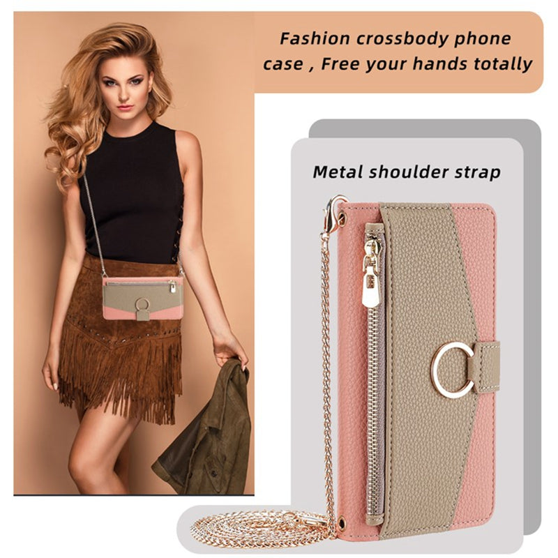 For Oppo A2x 5G / A2m 5G Magnetic Case Crossbody PU Leather Zipper Wallet Cell Phone Cover - Pink