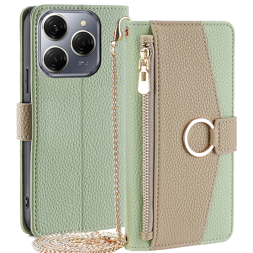 For Transsion Tecno Spark 20 Pro Case Zipper Pocket Leather Wallet Phone Cover with Chain Shoulder Strap - Green