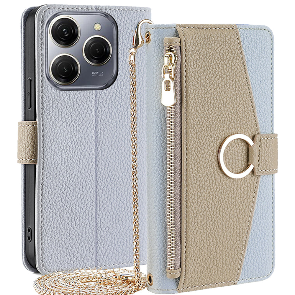For Transsion Tecno Spark 20 Pro Case Zipper Pocket Leather Wallet Phone Cover with Chain Shoulder Strap - Green