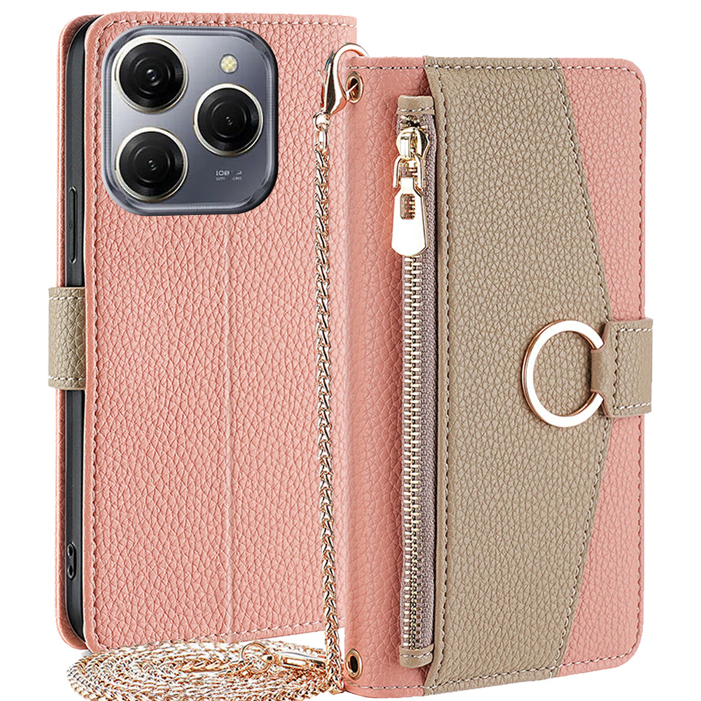 For Transsion Tecno Spark 20 Pro Case Zipper Pocket Leather Wallet Phone Cover with Chain Shoulder Strap - Green