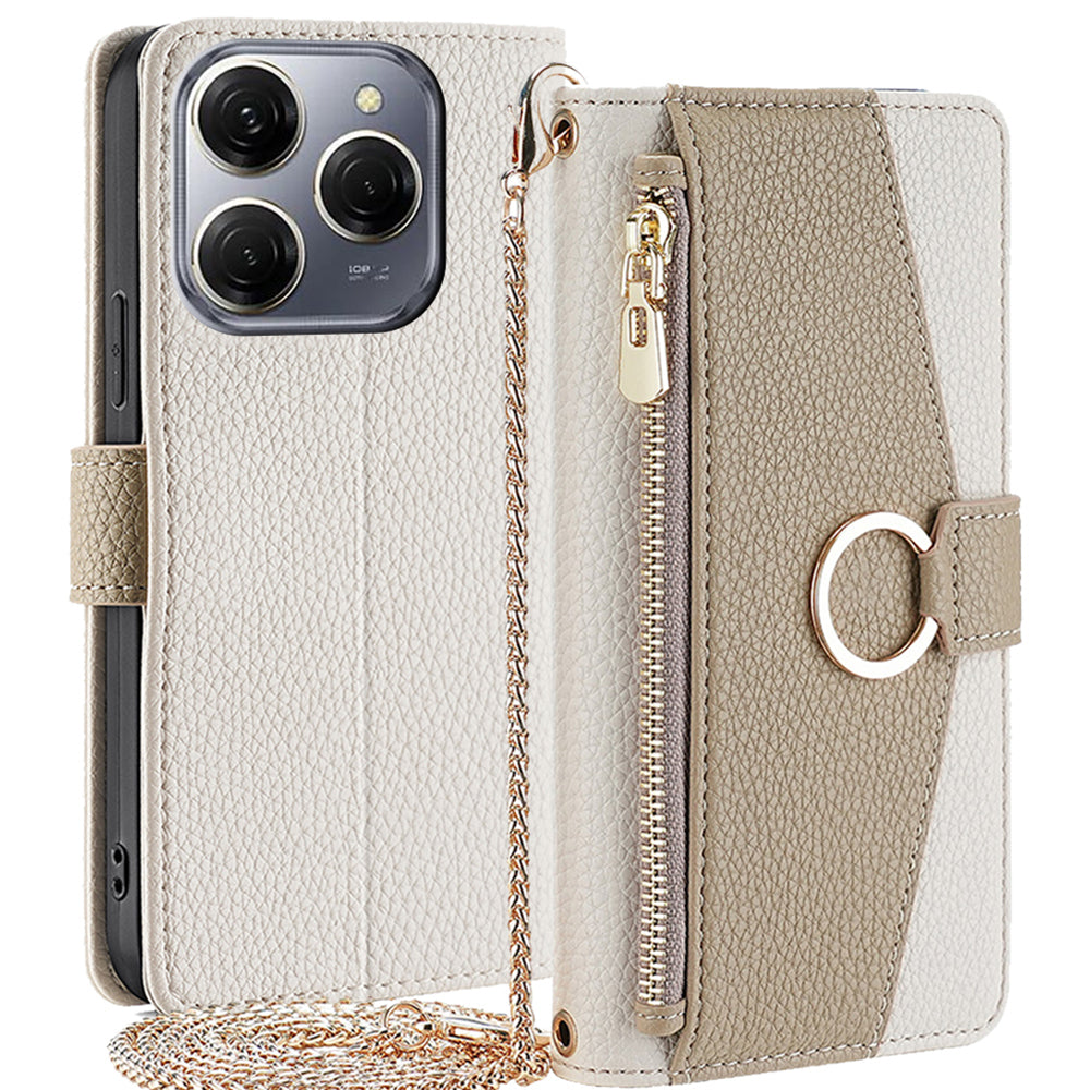 For Transsion Tecno Spark 20 Pro Case Zipper Pocket Leather Wallet Phone Cover with Chain Shoulder Strap - Green