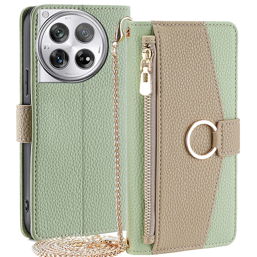 For OnePlus 12 5G Case PU Leather+TPU Zipper Pockets Phone Cover with Mirror and Card Slots - Blue