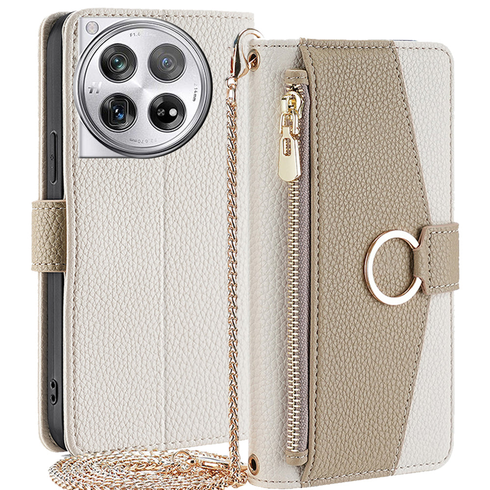 For OnePlus 12 5G Case PU Leather+TPU Zipper Pockets Phone Cover with Mirror and Card Slots - Blue
