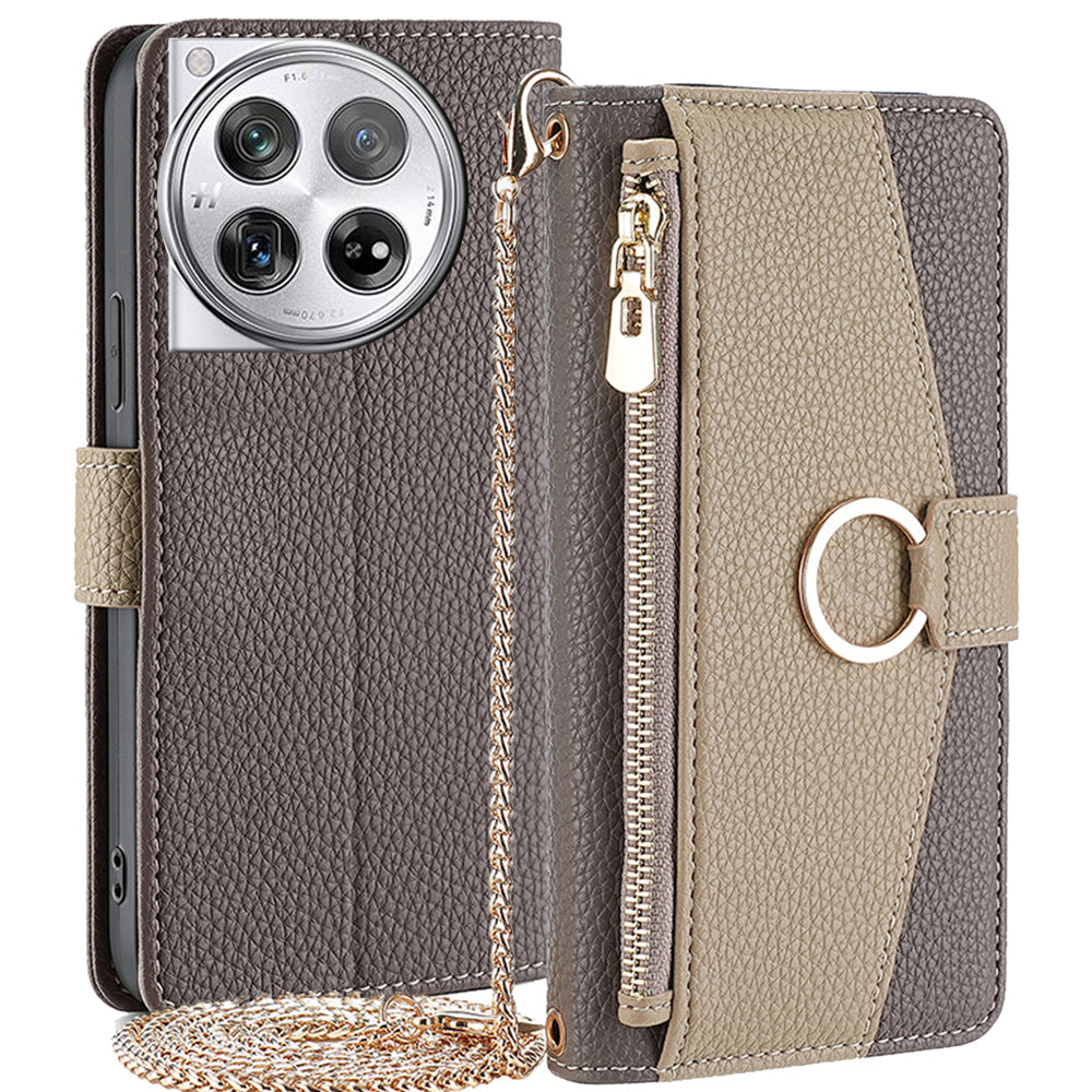 For OnePlus 12 5G Case PU Leather+TPU Zipper Pockets Phone Cover with Mirror and Card Slots - Blue