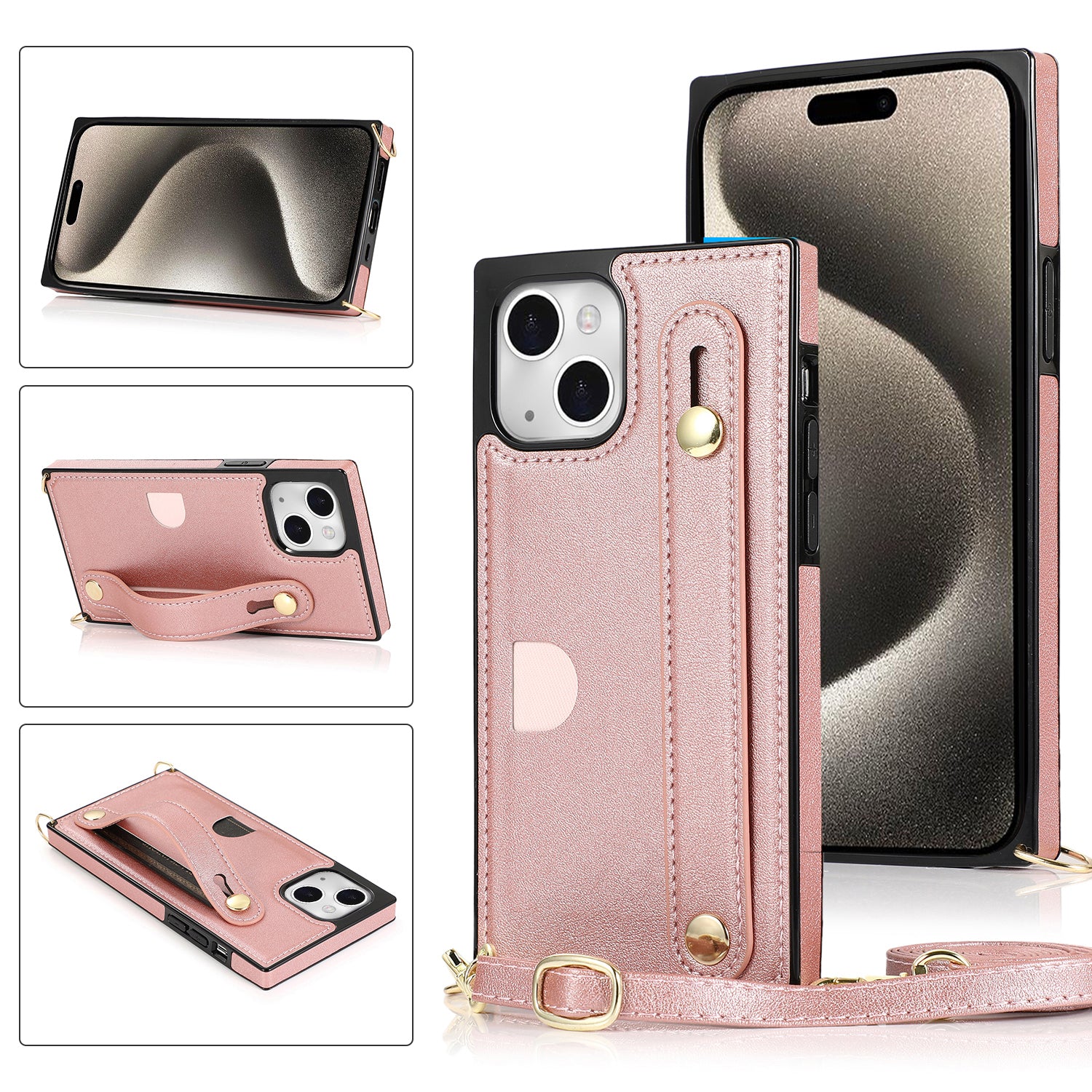 For iPhone 15 Case PU Leather+TPU Card Slot Design Phone Cover with Crossbody Strap - Rose Gold