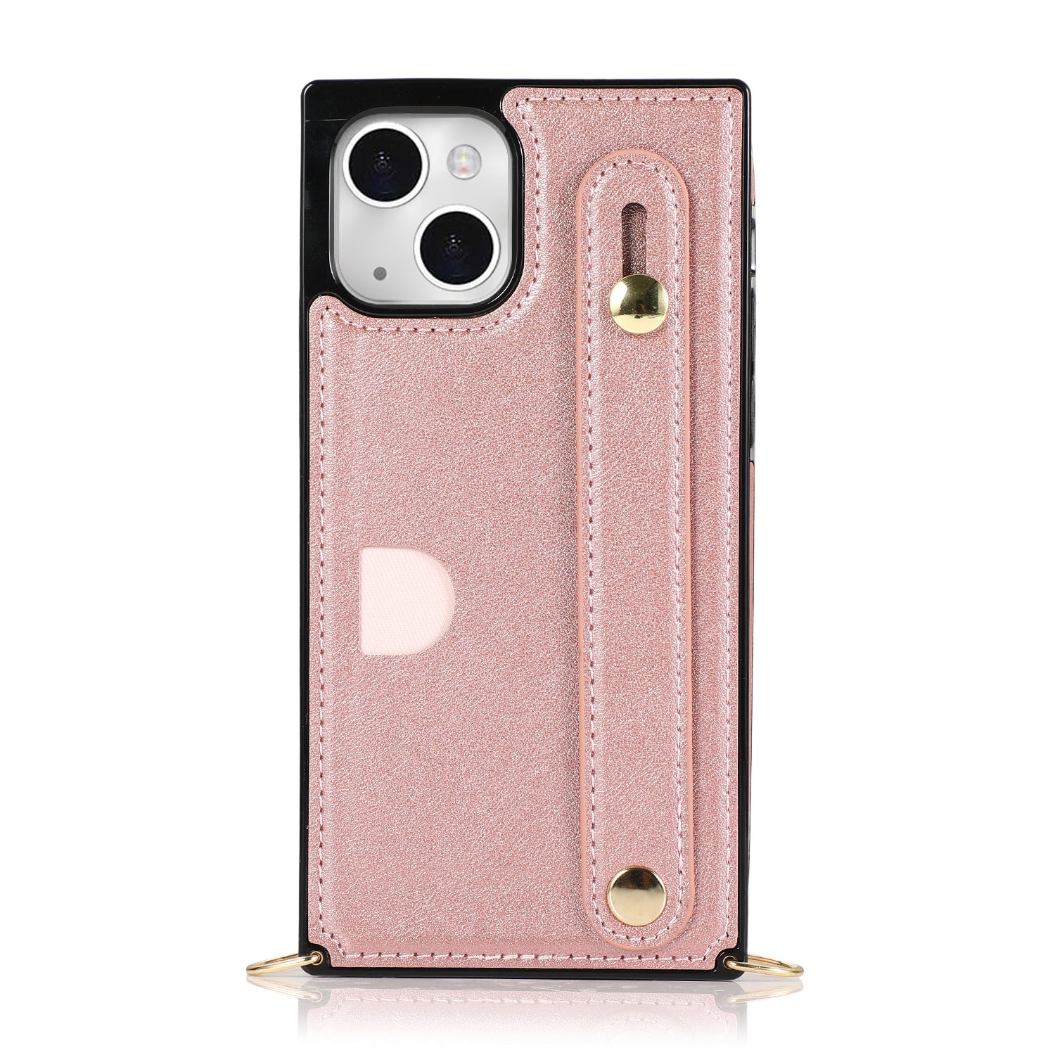 For iPhone 15 Case PU Leather+TPU Card Slot Design Phone Cover with Crossbody Strap - Rose Gold