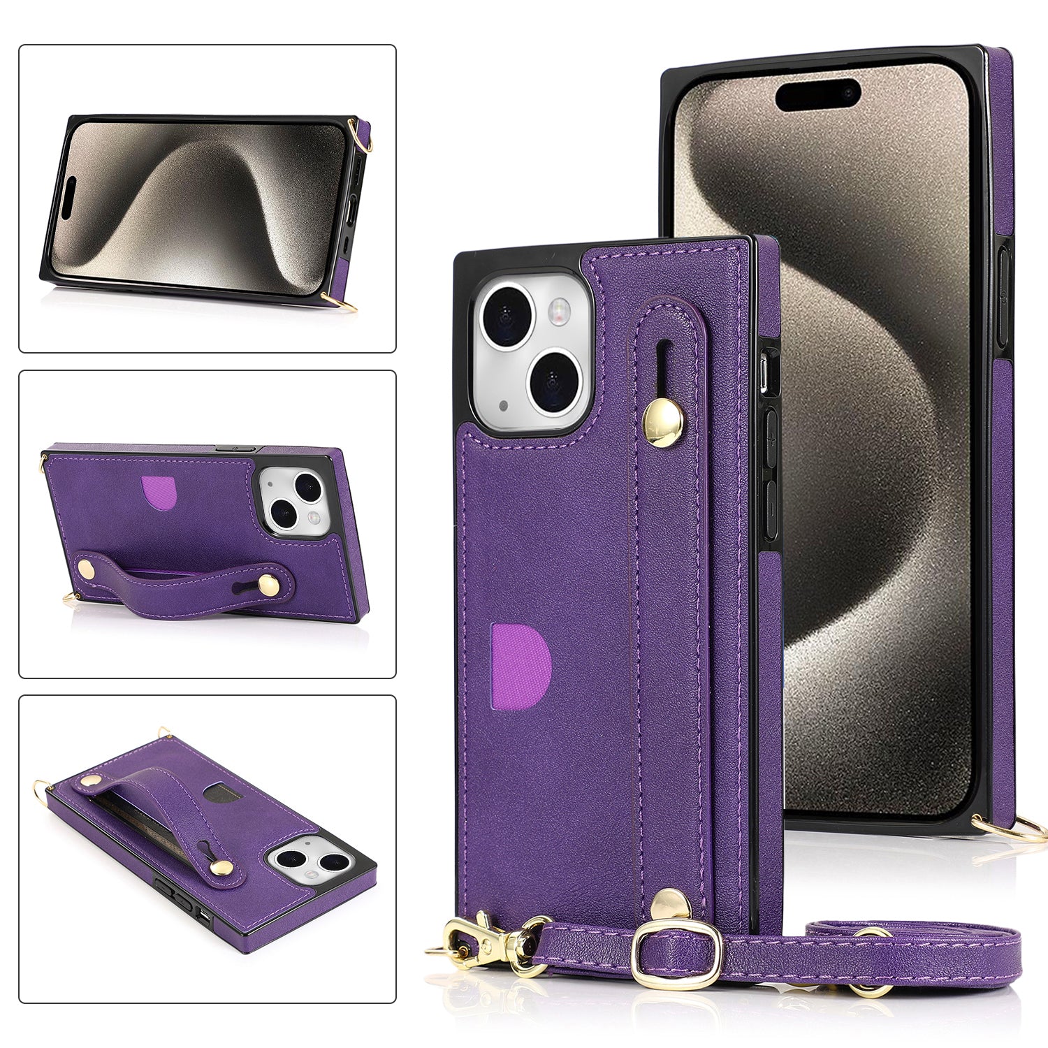For iPhone 15 Case PU Leather+TPU Card Slot Design Phone Cover with Crossbody Strap - Rose Gold