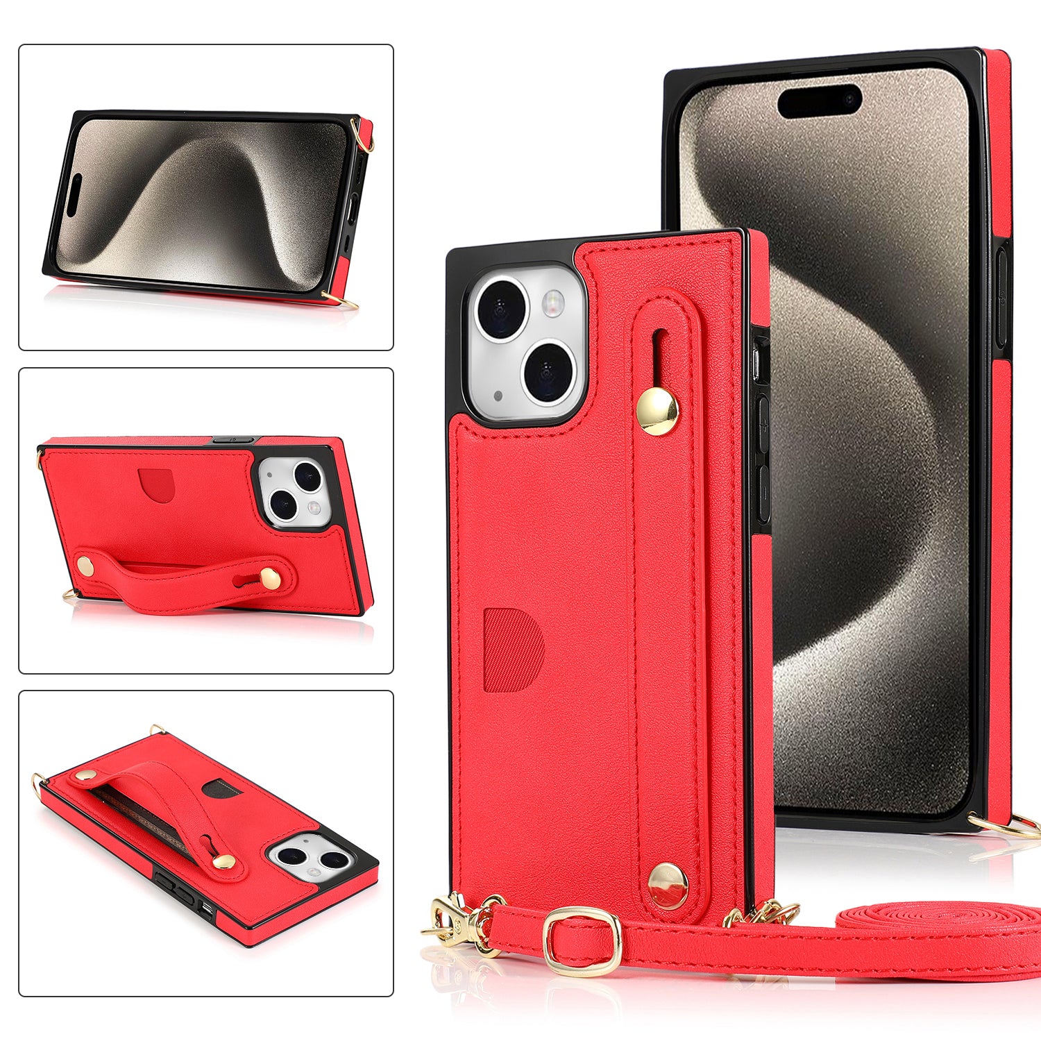 For iPhone 15 Case PU Leather+TPU Card Slot Design Phone Cover with Crossbody Strap - Rose Gold