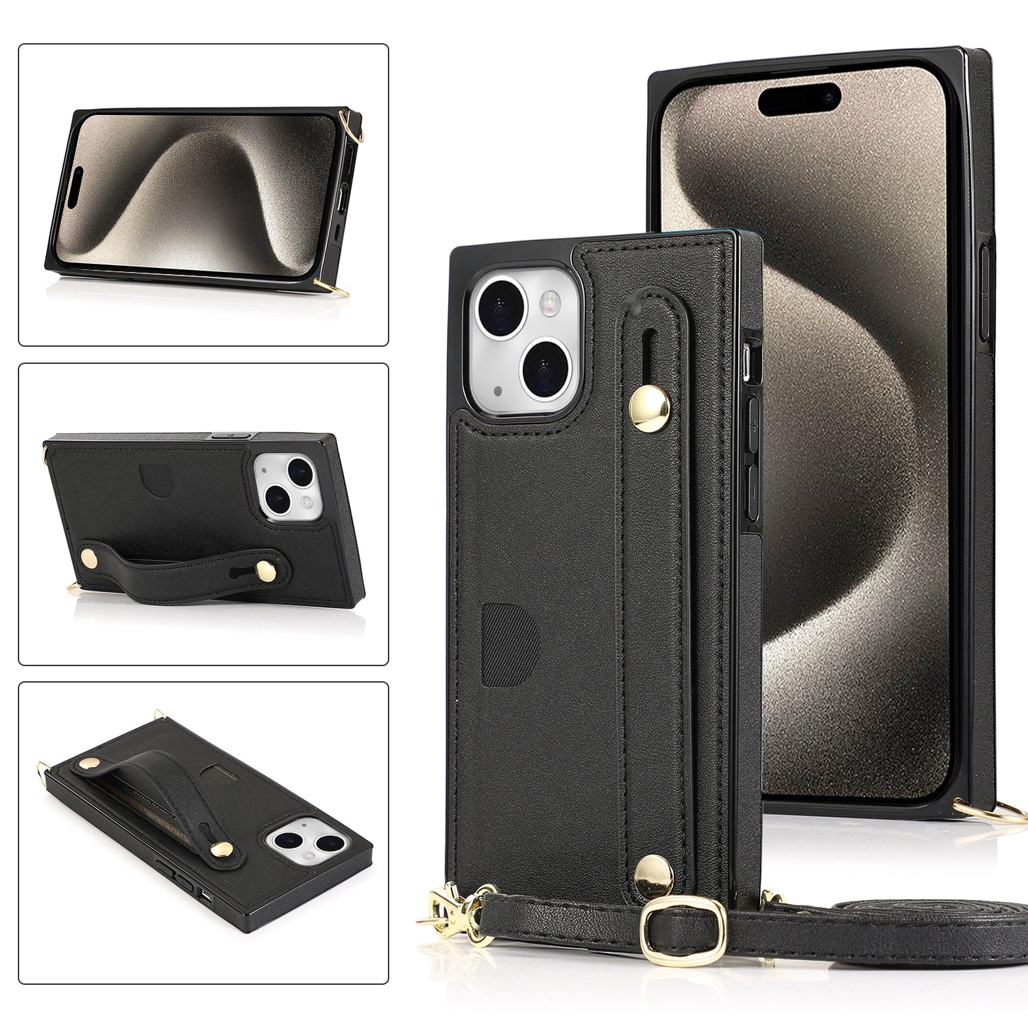 For iPhone 15 Case PU Leather+TPU Card Slot Design Phone Cover with Crossbody Strap - Rose Gold