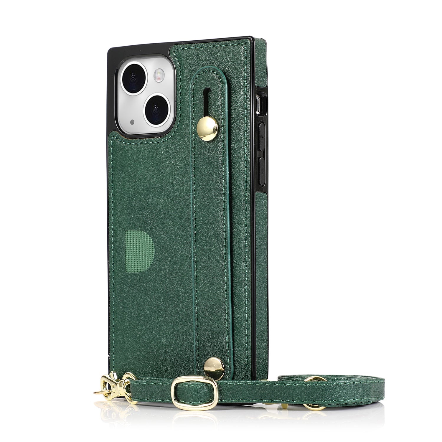 For iPhone 15 Plus Case PU Leather Coated TPU Card Holder Strap Kickstand Phone Cover - Green