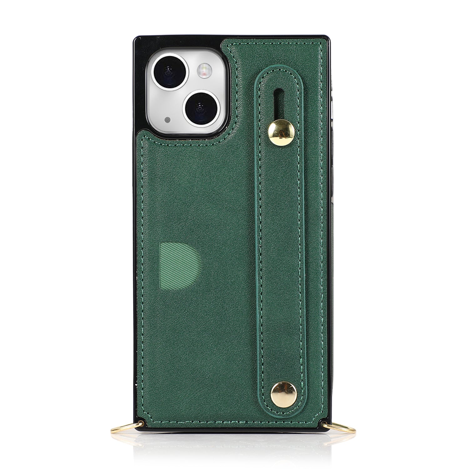 For iPhone 15 Plus Case PU Leather Coated TPU Card Holder Strap Kickstand Phone Cover - Green