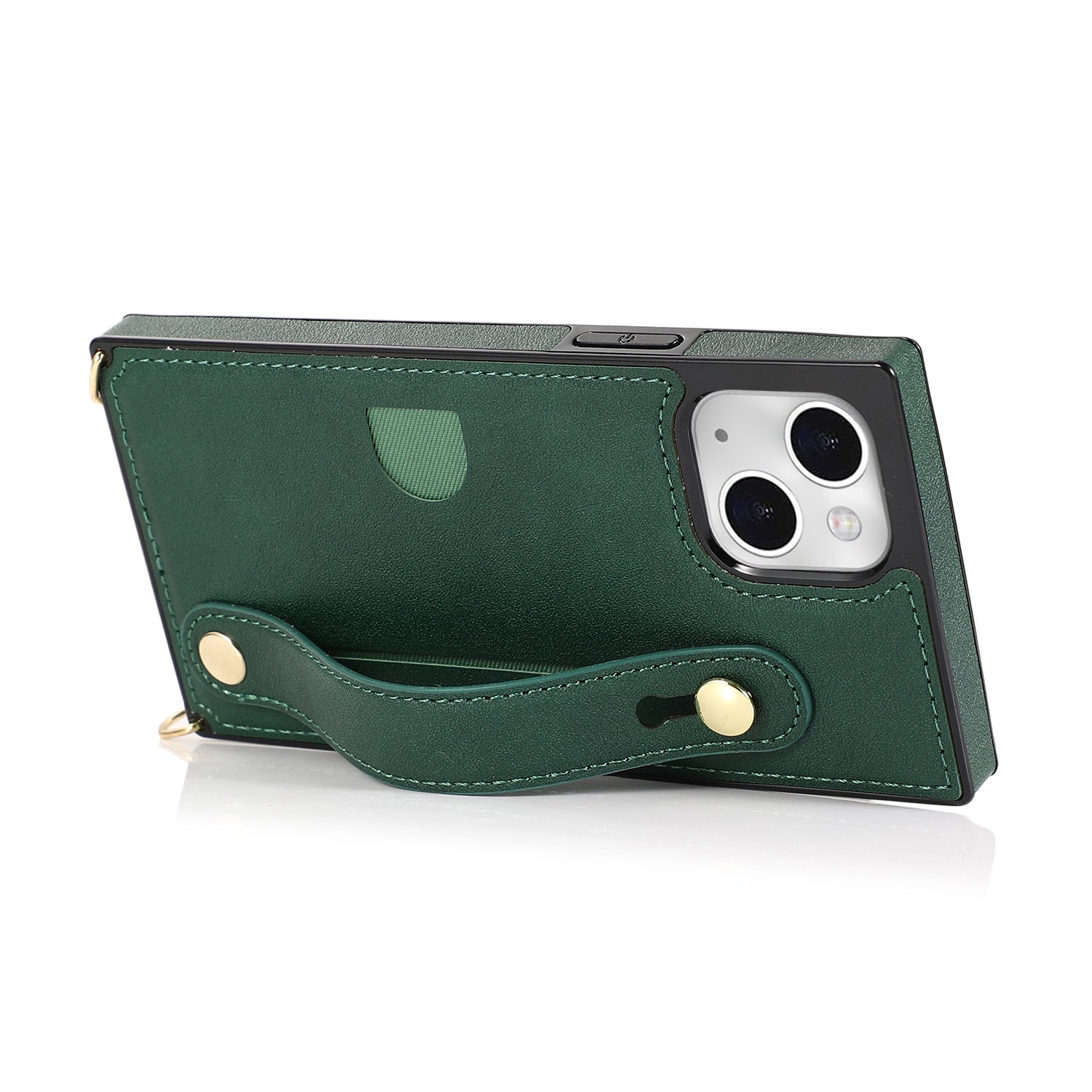 For iPhone 15 Plus Case PU Leather Coated TPU Card Holder Strap Kickstand Phone Cover - Green