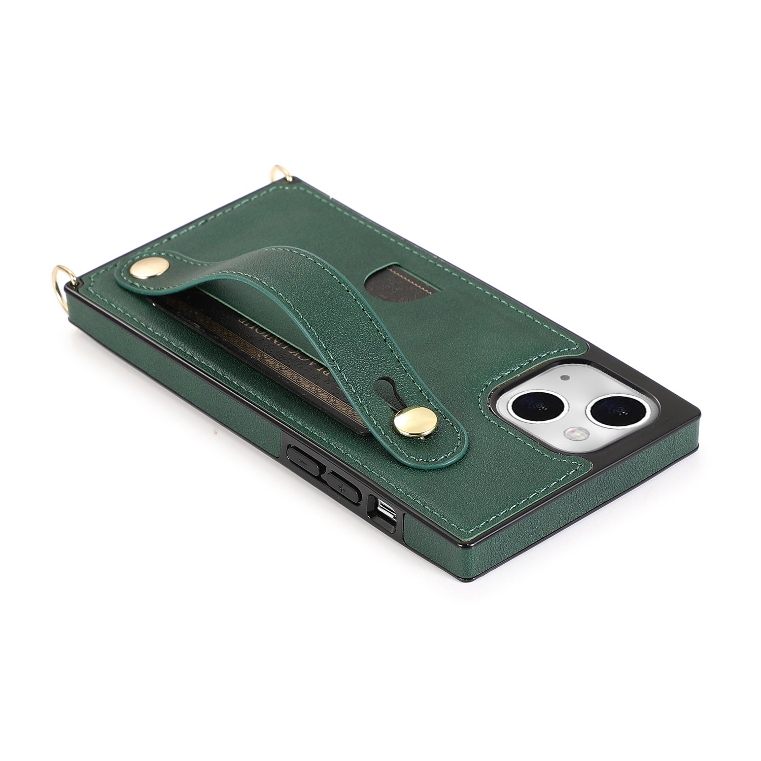 For iPhone 15 Plus Case PU Leather Coated TPU Card Holder Strap Kickstand Phone Cover - Green