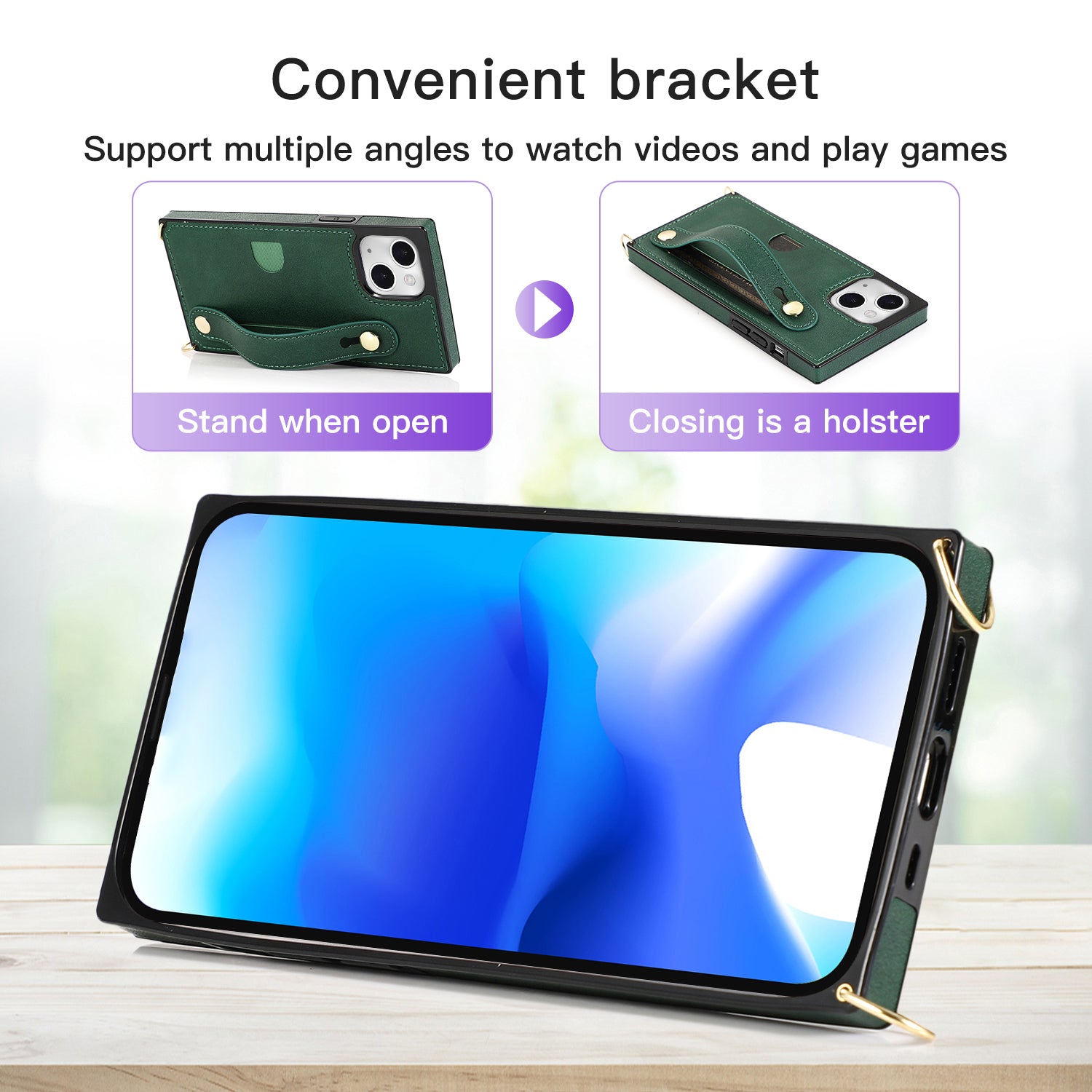 For iPhone 15 Plus Case PU Leather Coated TPU Card Holder Strap Kickstand Phone Cover - Green