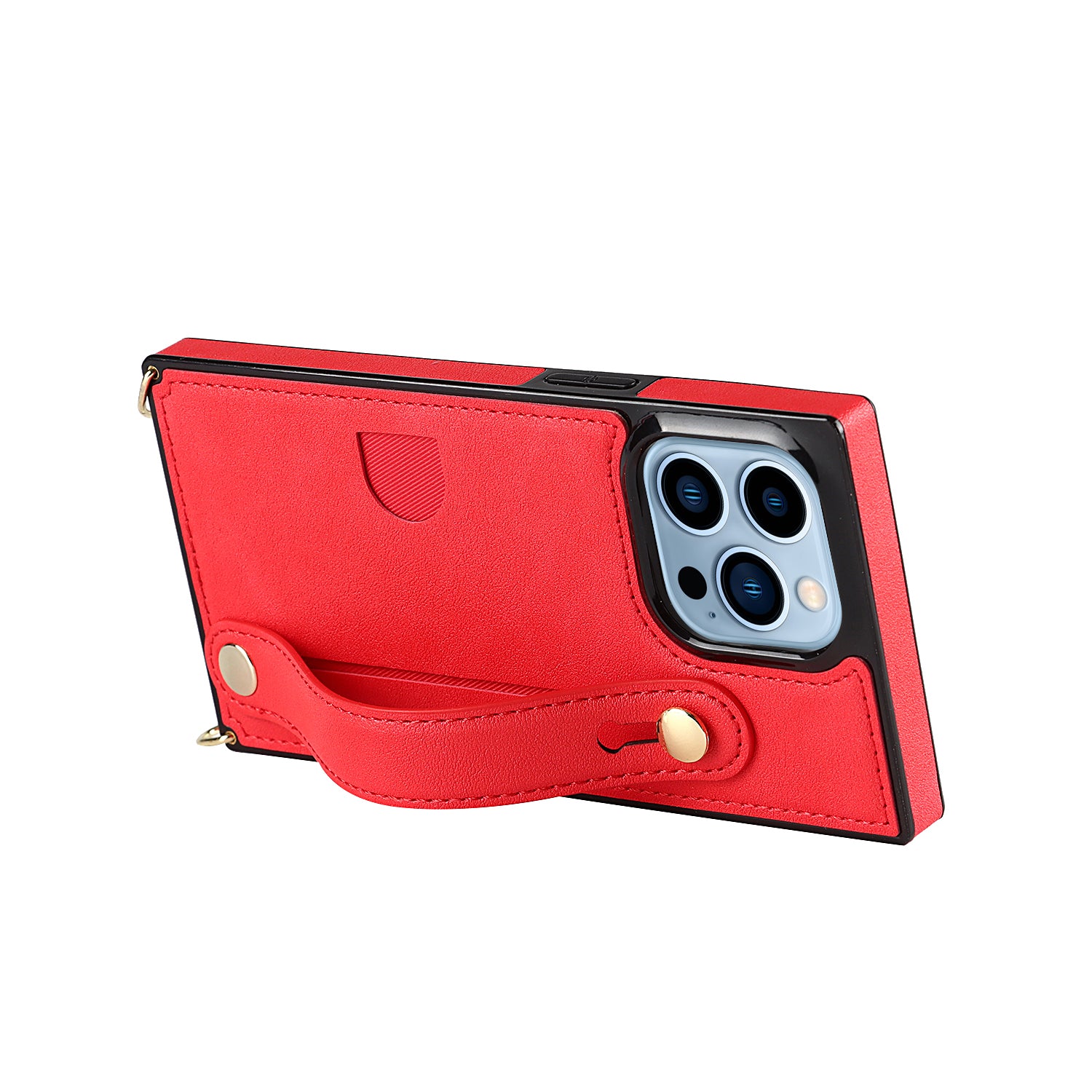 For iPhone 15 Pro Max Cell Phone Case Card Slot PU Leather+TPU Back Shell with Shoulder Strap - Red
