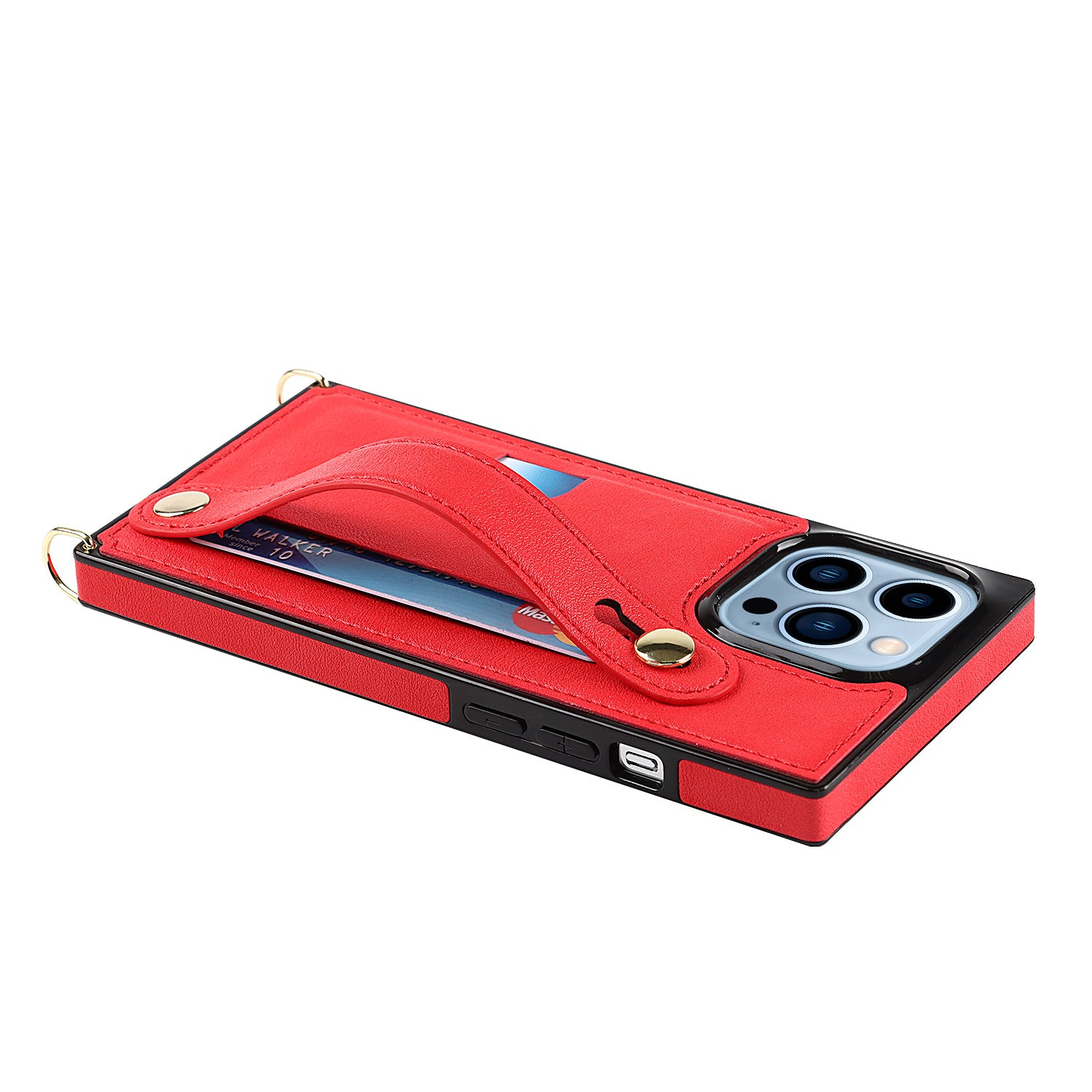 For iPhone 15 Pro Max Cell Phone Case Card Slot PU Leather+TPU Back Shell with Shoulder Strap - Red