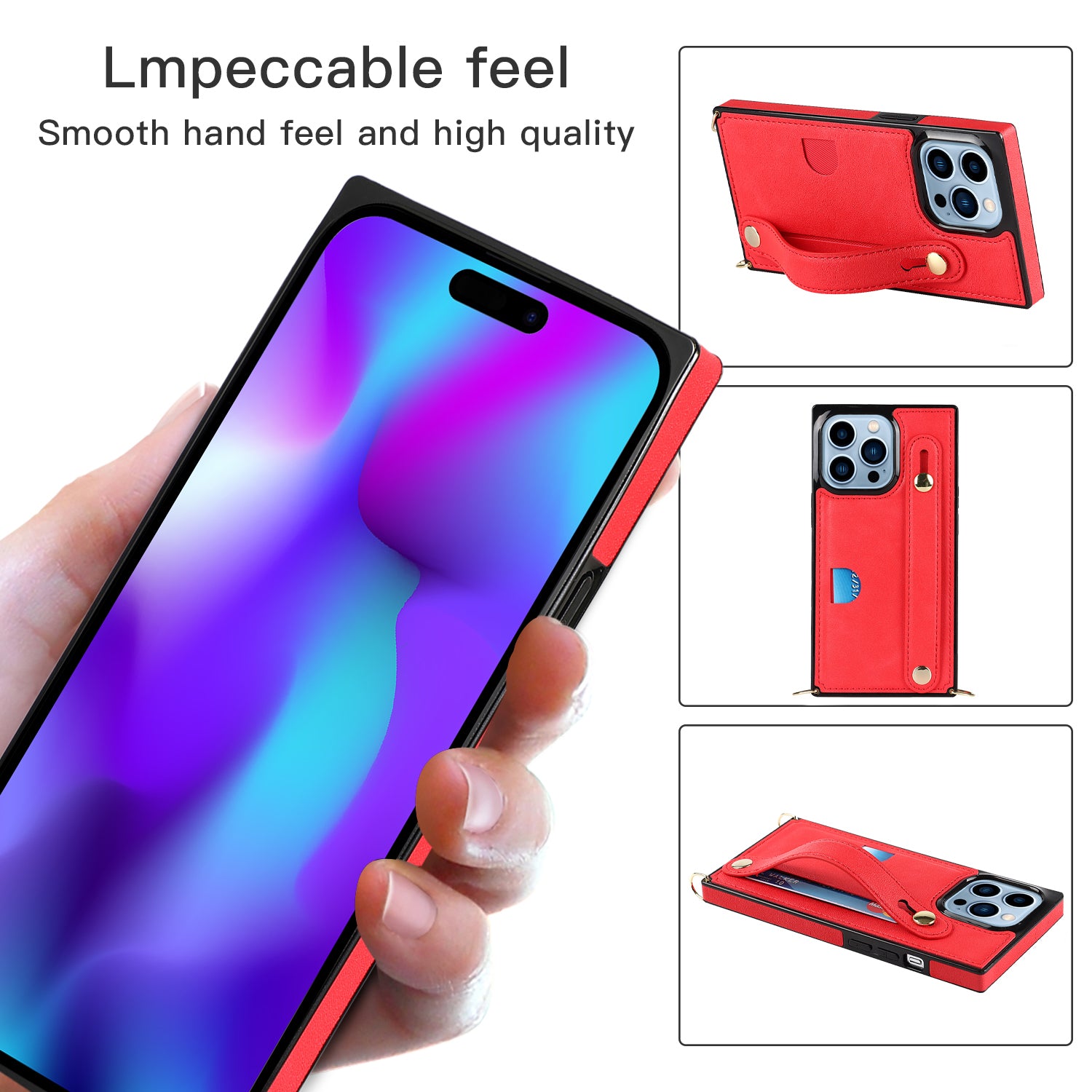 For iPhone 15 Pro Max Cell Phone Case Card Slot PU Leather+TPU Back Shell with Shoulder Strap - Red