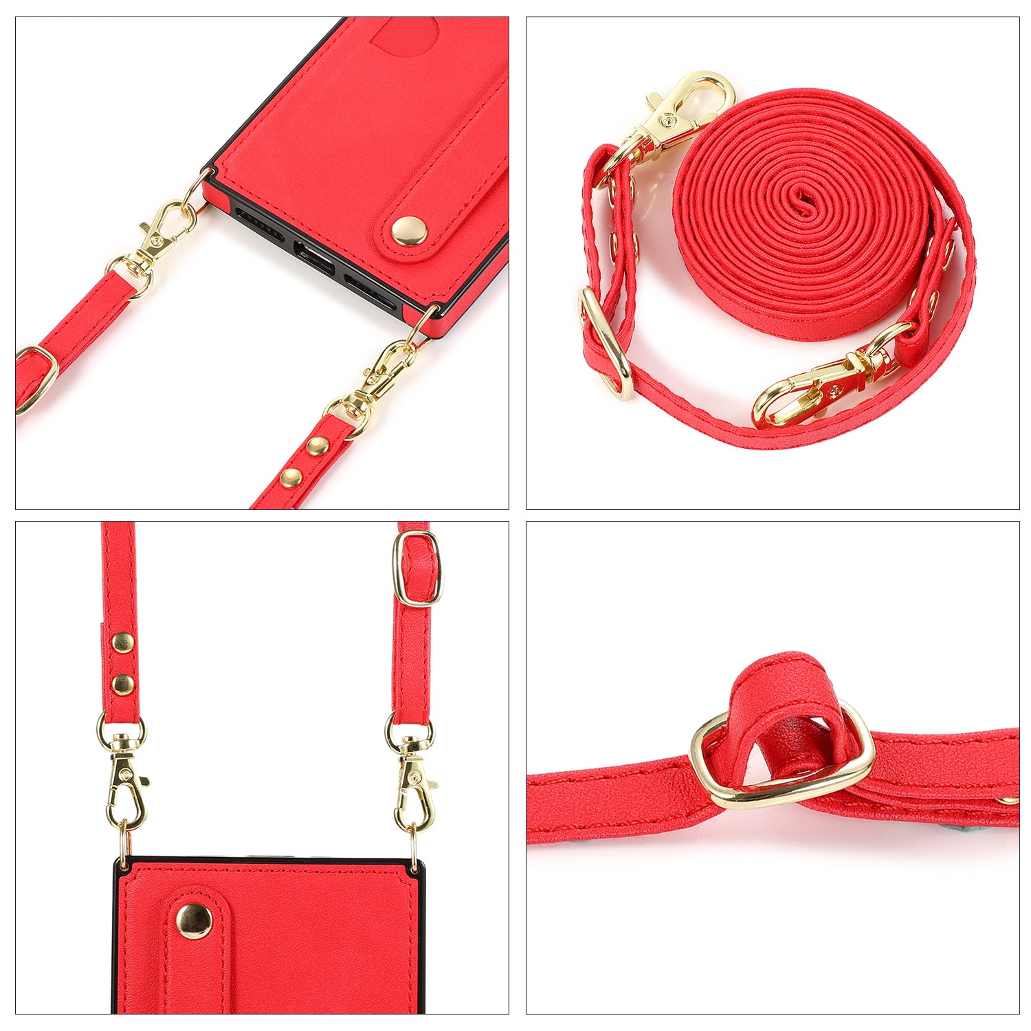 For iPhone 15 Pro Max Cell Phone Case Card Slot PU Leather+TPU Back Shell with Shoulder Strap - Red