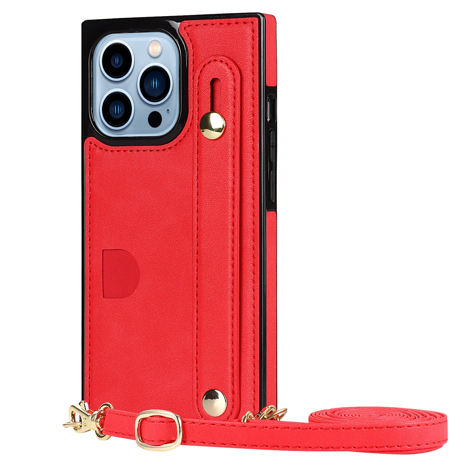 For iPhone 15 Pro Max Cell Phone Case Card Slot PU Leather+TPU Back Shell with Shoulder Strap - Red