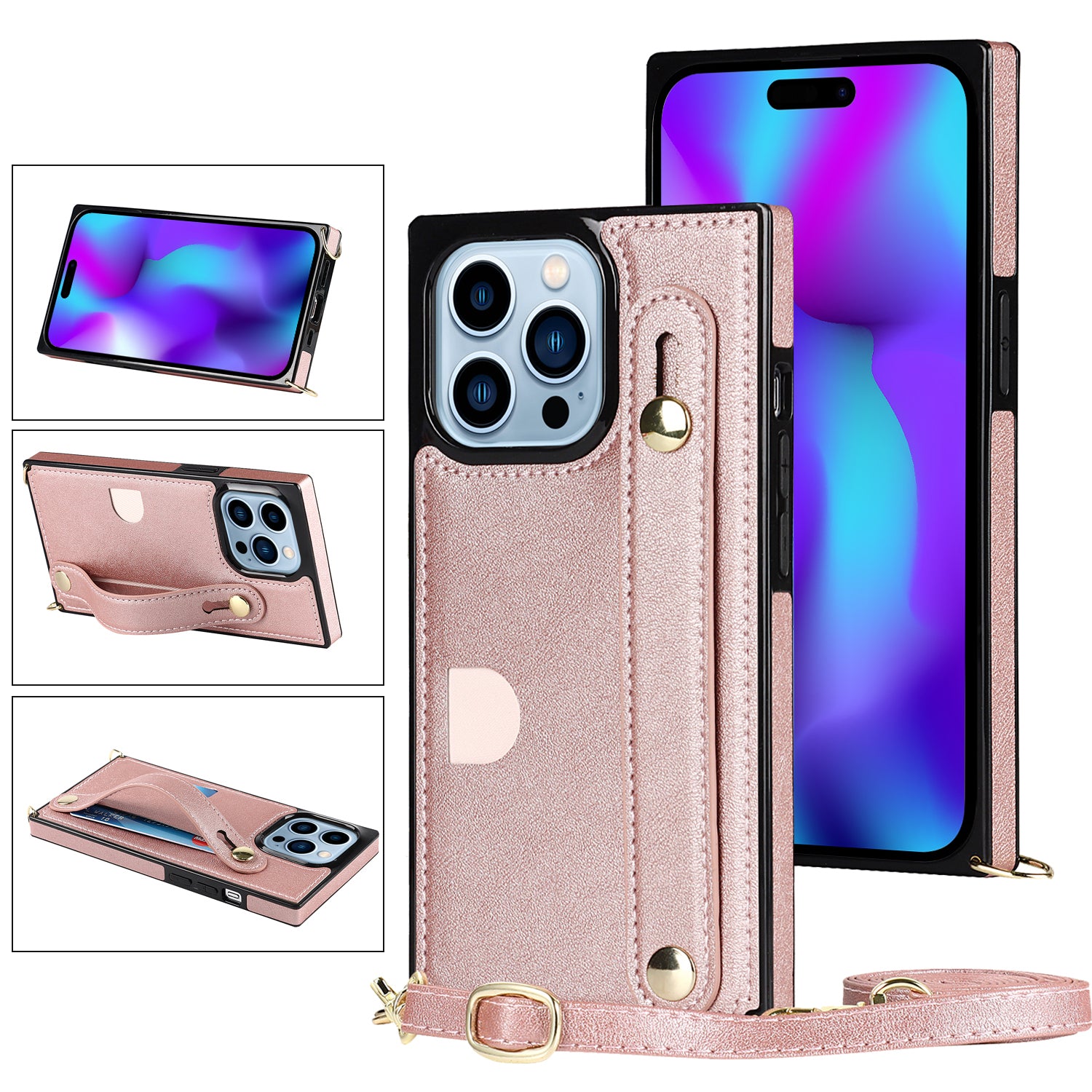For iPhone 15 Pro Max Cell Phone Case Card Slot PU Leather+TPU Back Shell with Shoulder Strap - Red