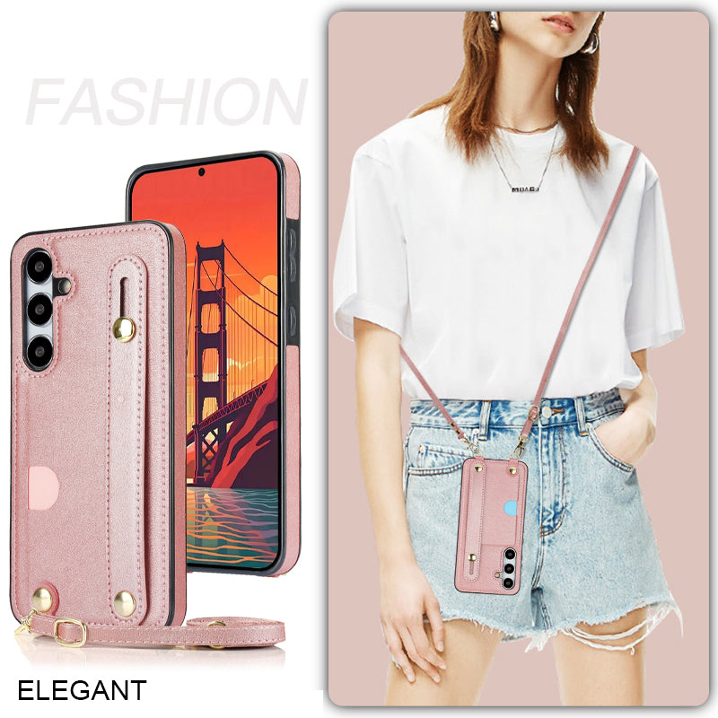 For Samsung Galaxy S24+ Cell Phone Case Strap Kickstand Card Slot PU Leather+TPU Protective Shell - Rose Gold