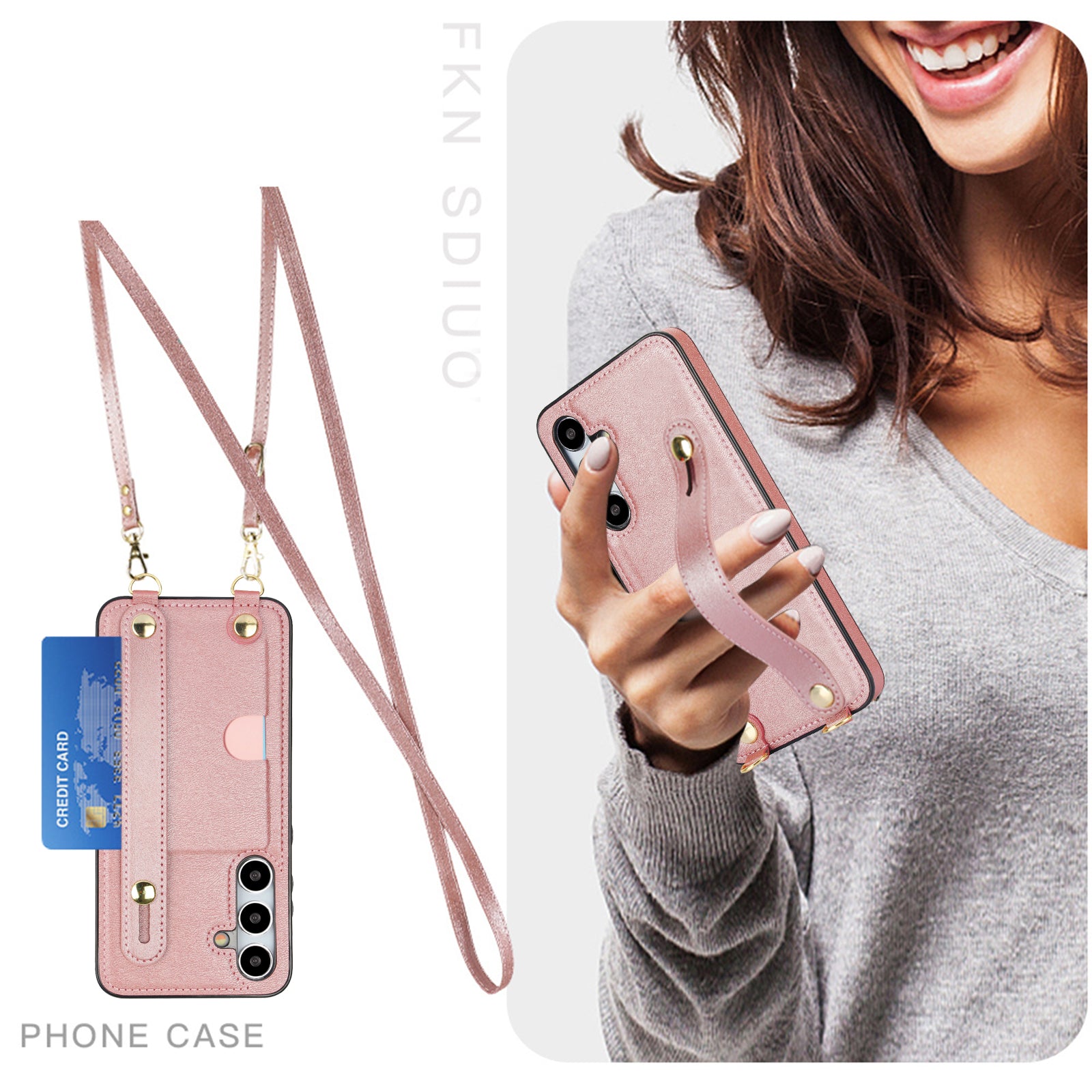 For Samsung Galaxy S24+ Cell Phone Case Strap Kickstand Card Slot PU Leather+TPU Protective Shell - Rose Gold