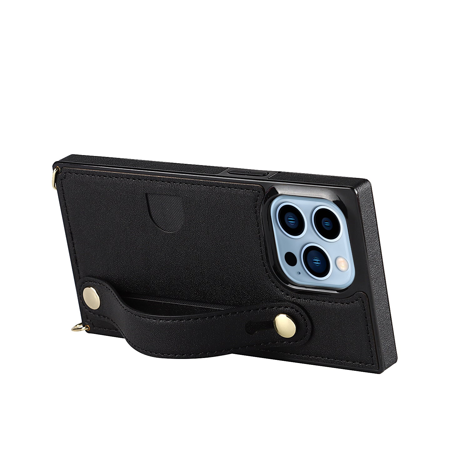 For iPhone 14 Pro Phone Cover Anti-drop PU Leather+TPU Case with Card Slot and Strap Kickstand - Black