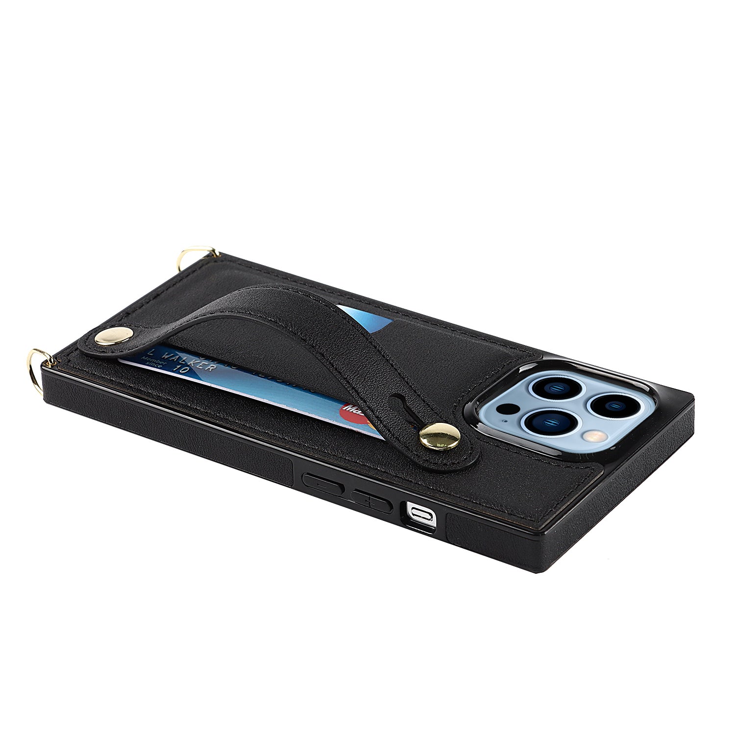 For iPhone 14 Pro Phone Cover Anti-drop PU Leather+TPU Case with Card Slot and Strap Kickstand - Black