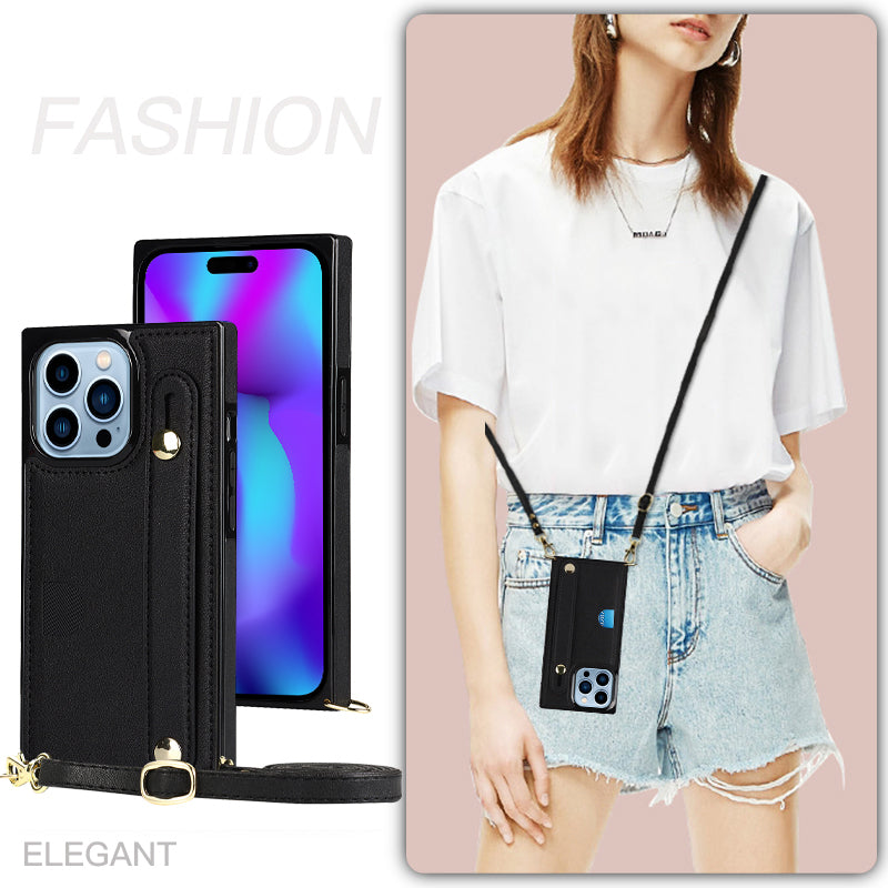 For iPhone 14 Pro Phone Cover Anti-drop PU Leather+TPU Case with Card Slot and Strap Kickstand - Black
