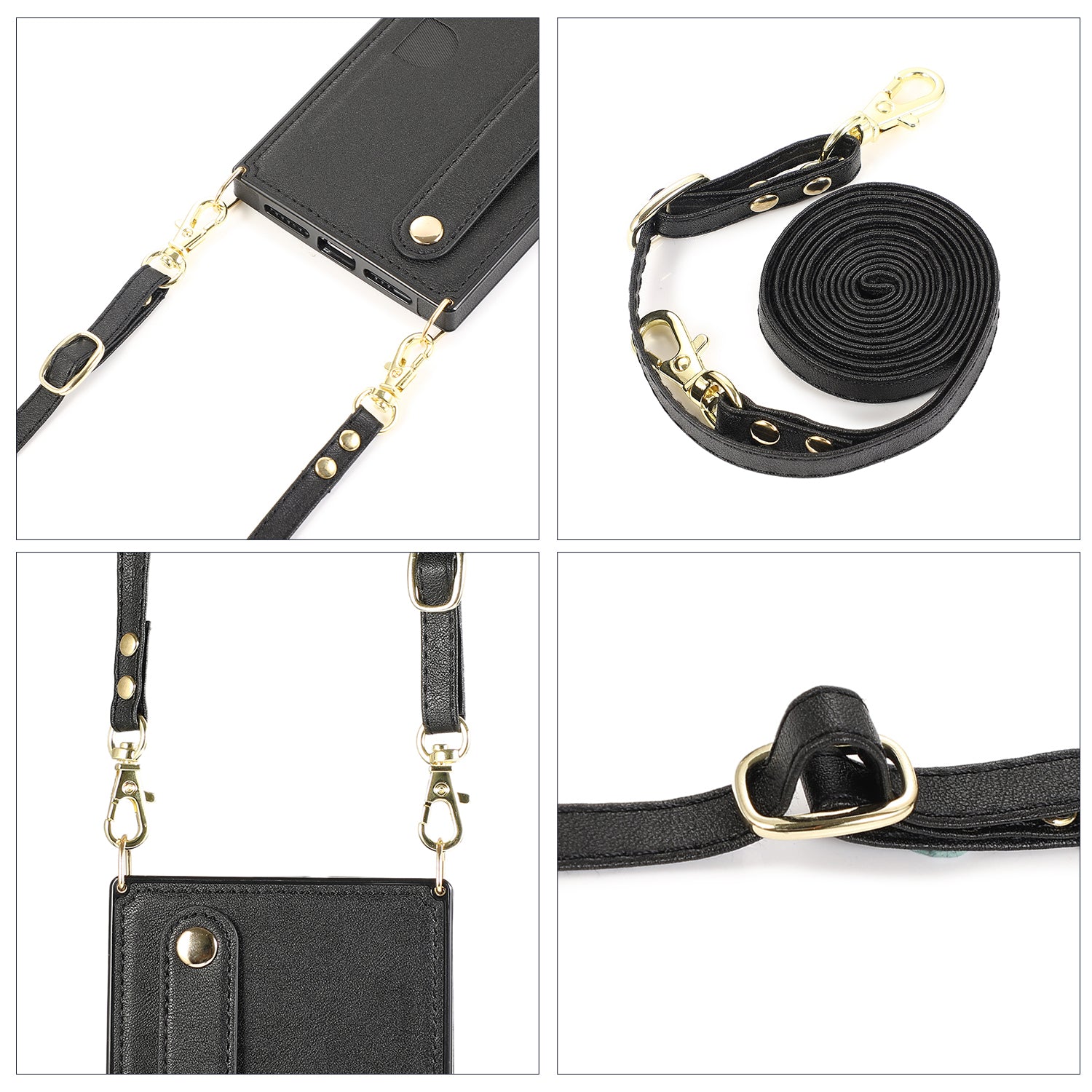 For iPhone 14 Pro Phone Cover Anti-drop PU Leather+TPU Case with Card Slot and Strap Kickstand - Black