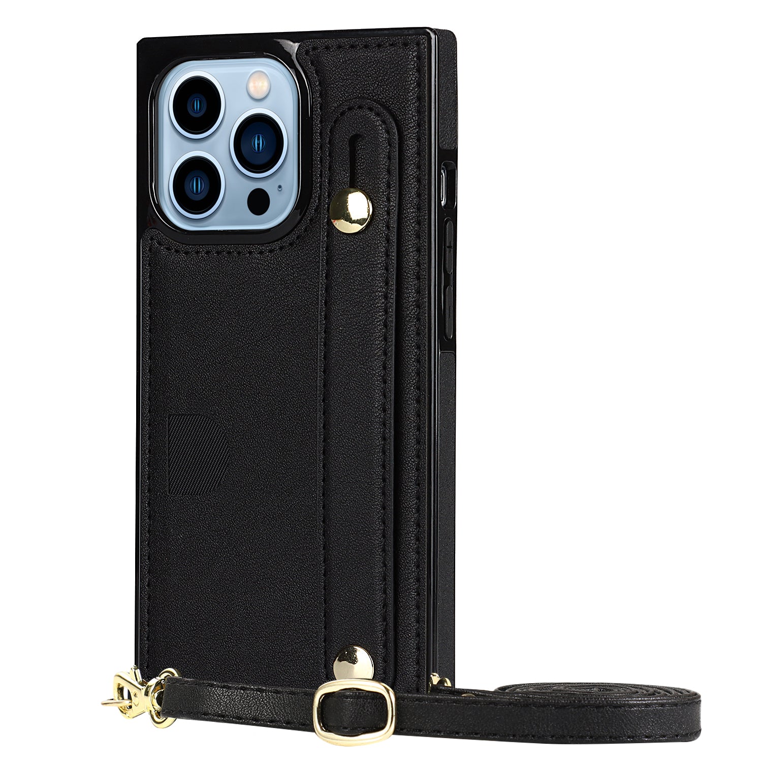 For iPhone 14 Pro Phone Cover Anti-drop PU Leather+TPU Case with Card Slot and Strap Kickstand - Black