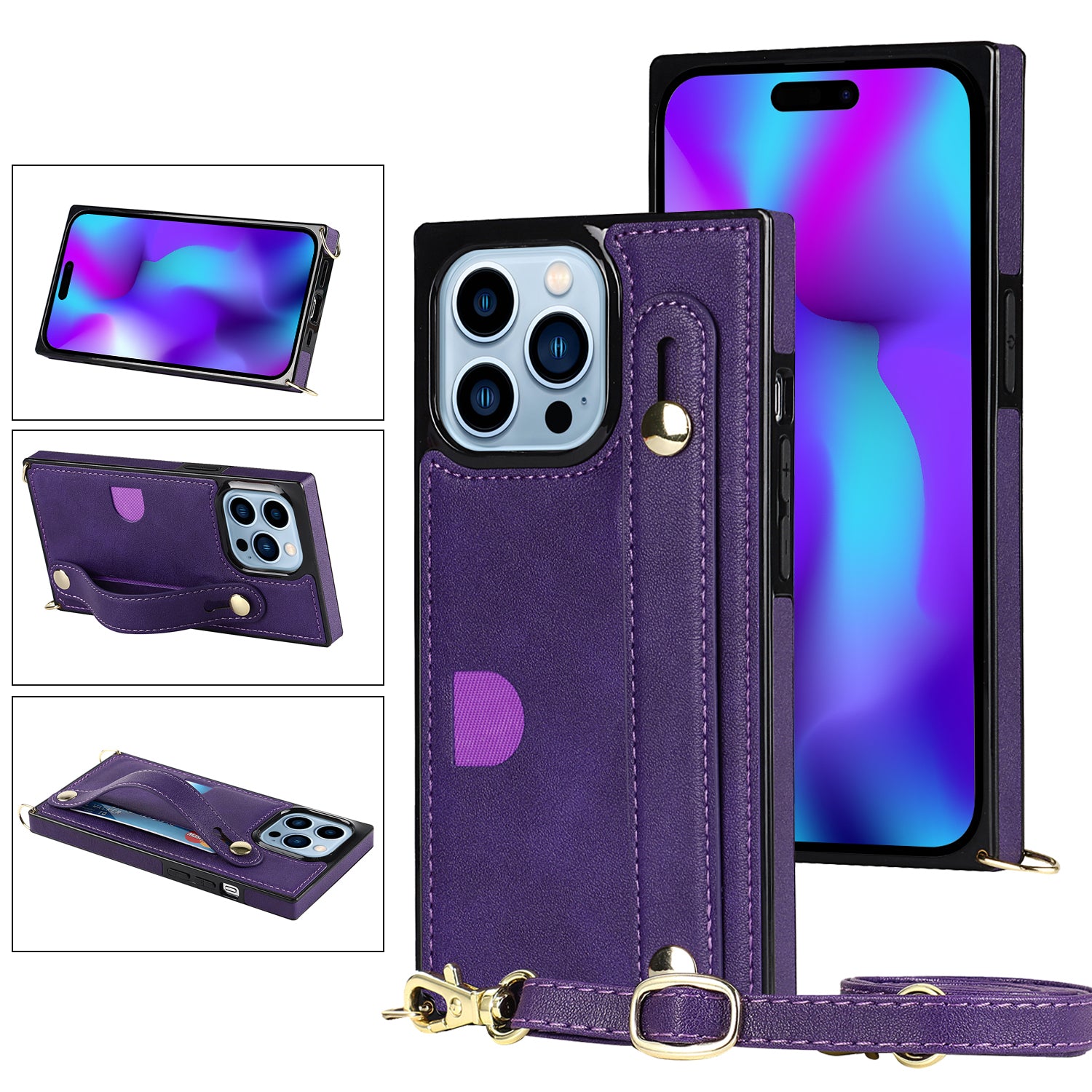 For iPhone 14 Pro Phone Cover Anti-drop PU Leather+TPU Case with Card Slot and Strap Kickstand - Black
