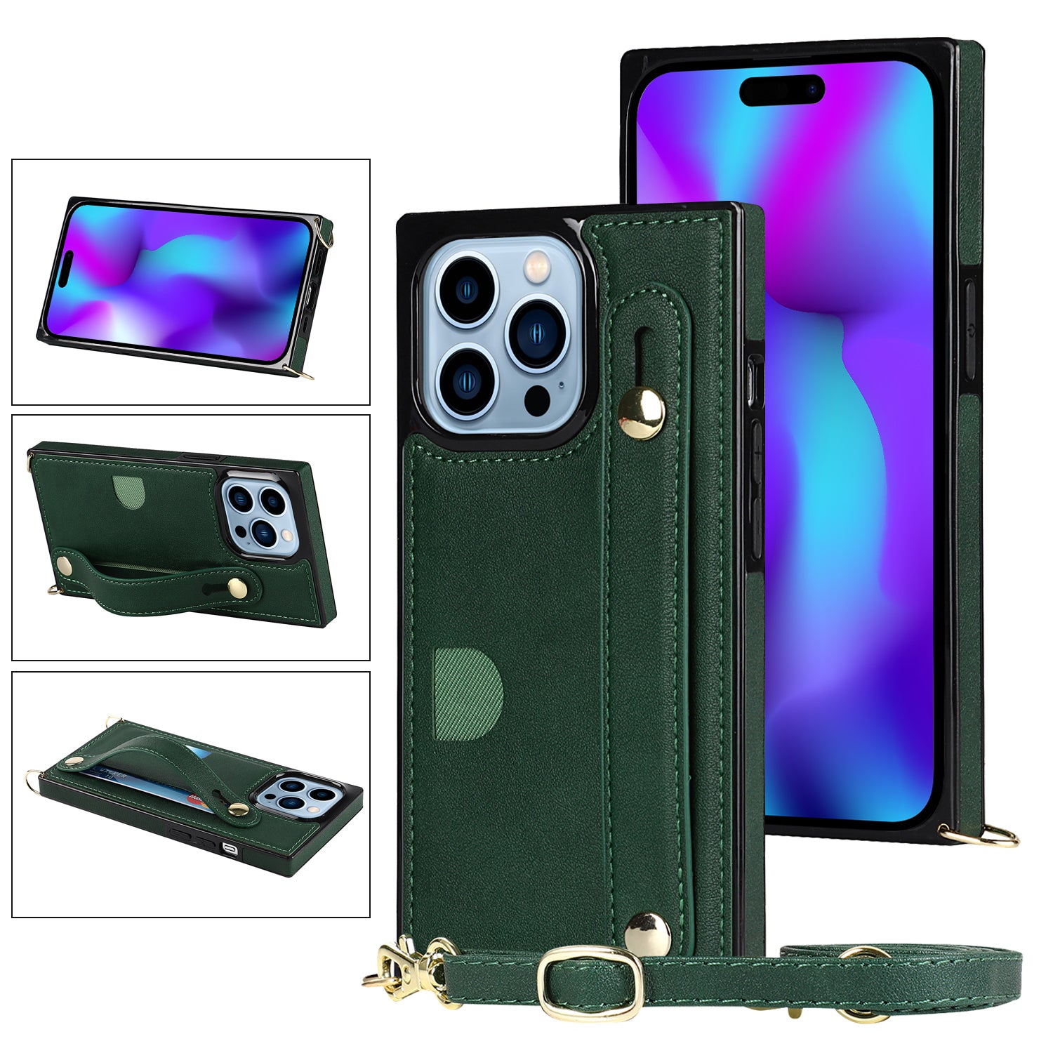 For iPhone 14 Pro Phone Cover Anti-drop PU Leather+TPU Case with Card Slot and Strap Kickstand - Black