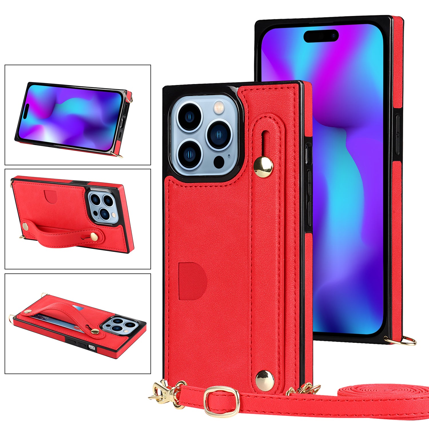 For iPhone 14 Pro Max Case Crossbody PU Leather Coated TPU Strap Kickstand Phone Protector - Red