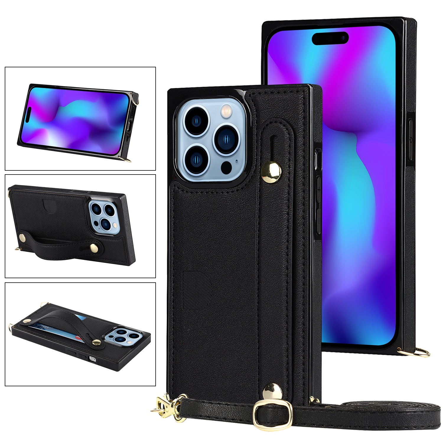 For iPhone 14 Pro Max Case Crossbody PU Leather Coated TPU Strap Kickstand Phone Protector - Red