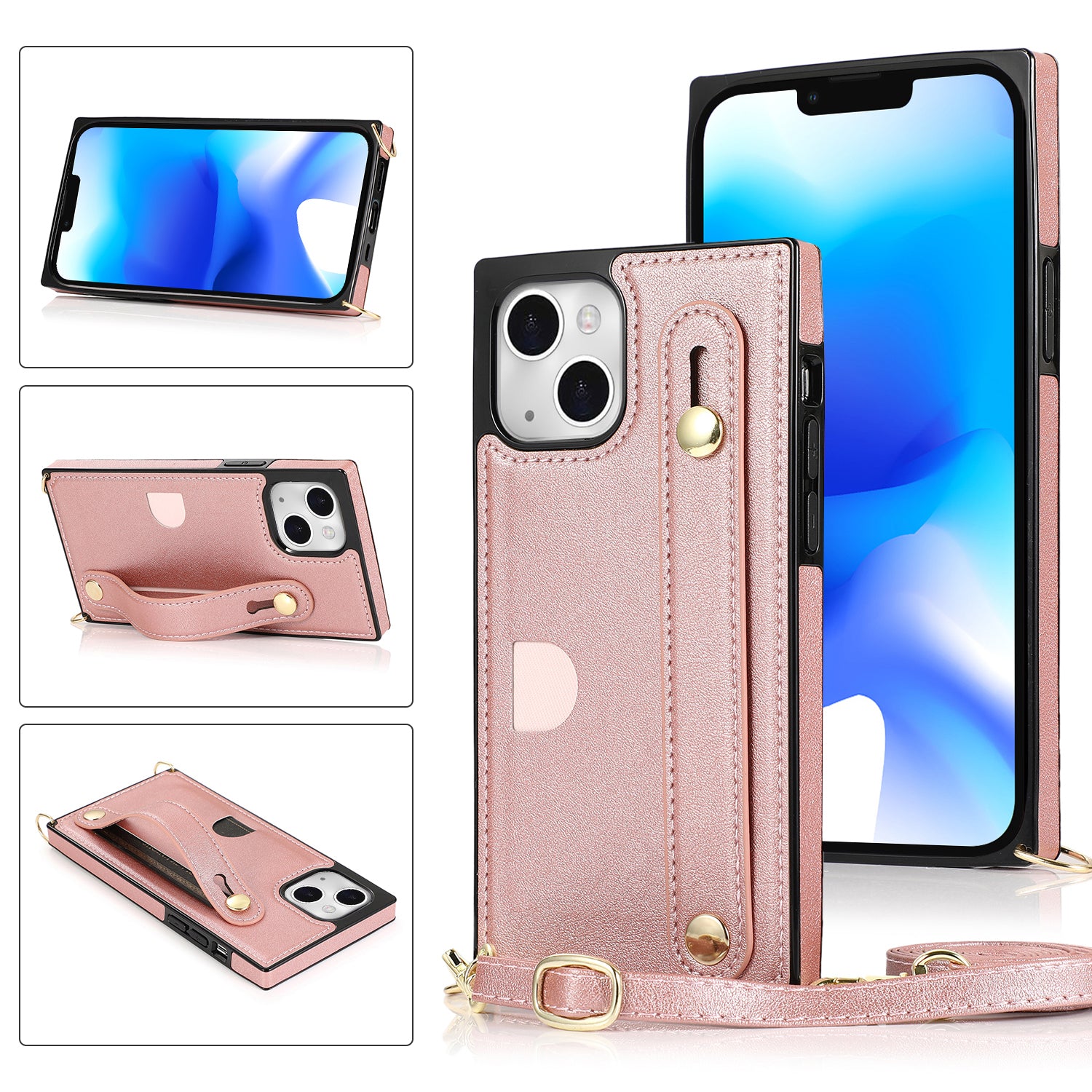 For iPhone 14 Plus Case Shockproof PU Leather Coated TPU Strap Kickstand Protective Back Cover - Rose Gold