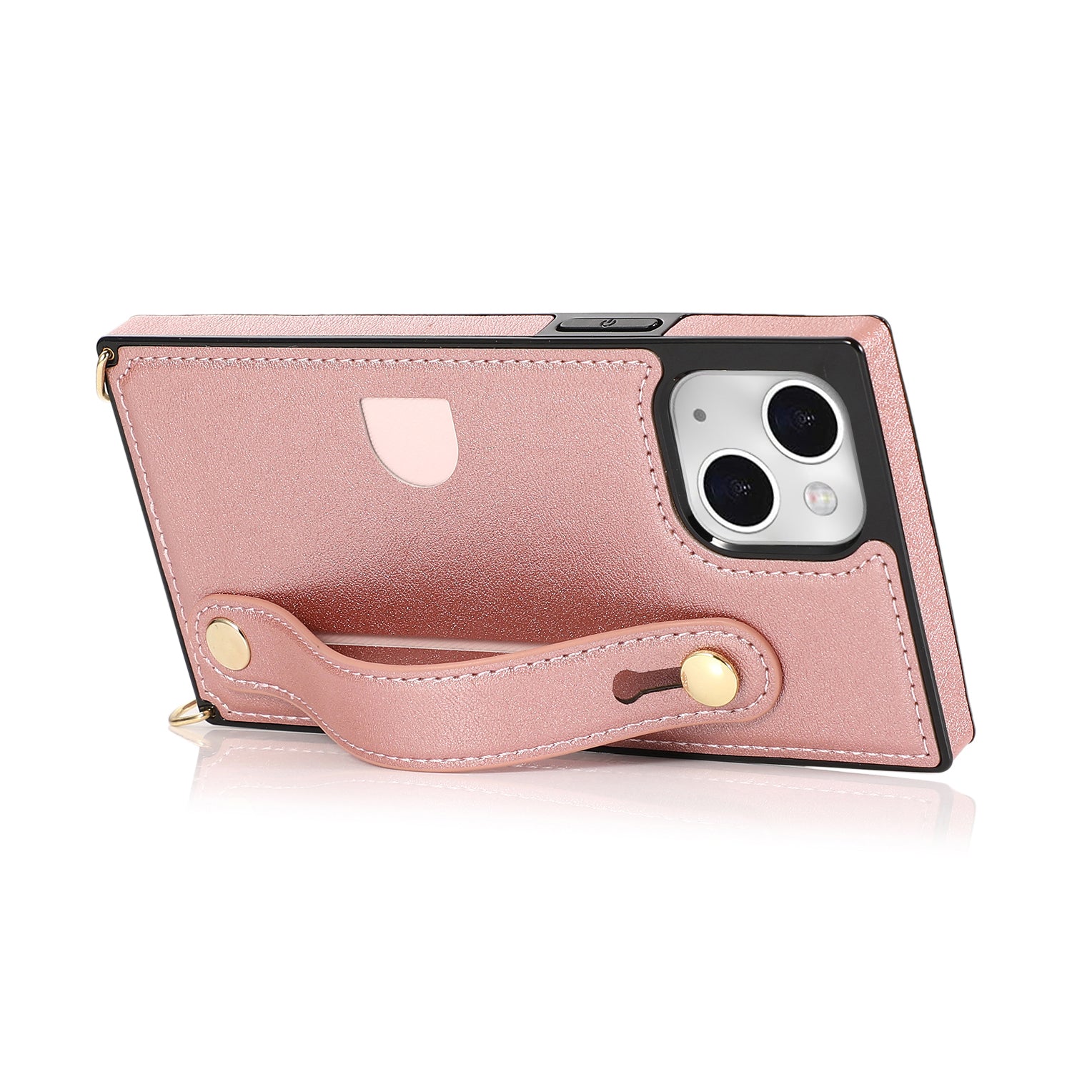For iPhone 14 Plus Case Shockproof PU Leather Coated TPU Strap Kickstand Protective Back Cover - Rose Gold
