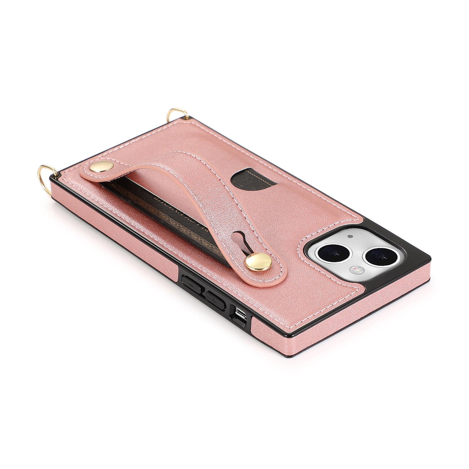 For iPhone 14 Plus Case Shockproof PU Leather Coated TPU Strap Kickstand Protective Back Cover - Rose Gold