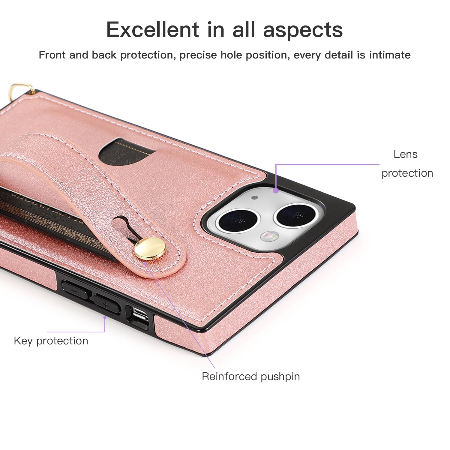For iPhone 14 Plus Case Shockproof PU Leather Coated TPU Strap Kickstand Protective Back Cover - Rose Gold