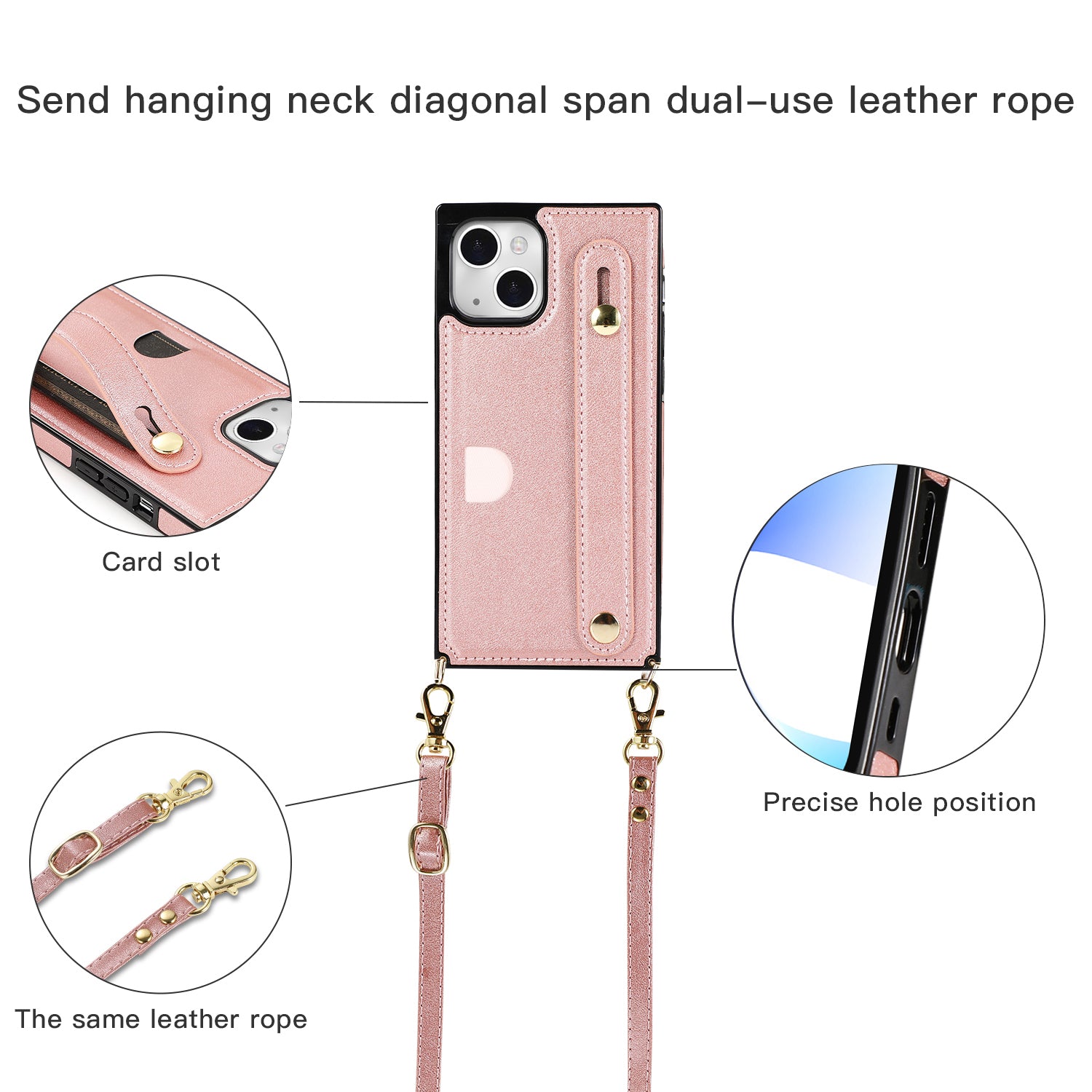 For iPhone 14 Plus Case Shockproof PU Leather Coated TPU Strap Kickstand Protective Back Cover - Rose Gold