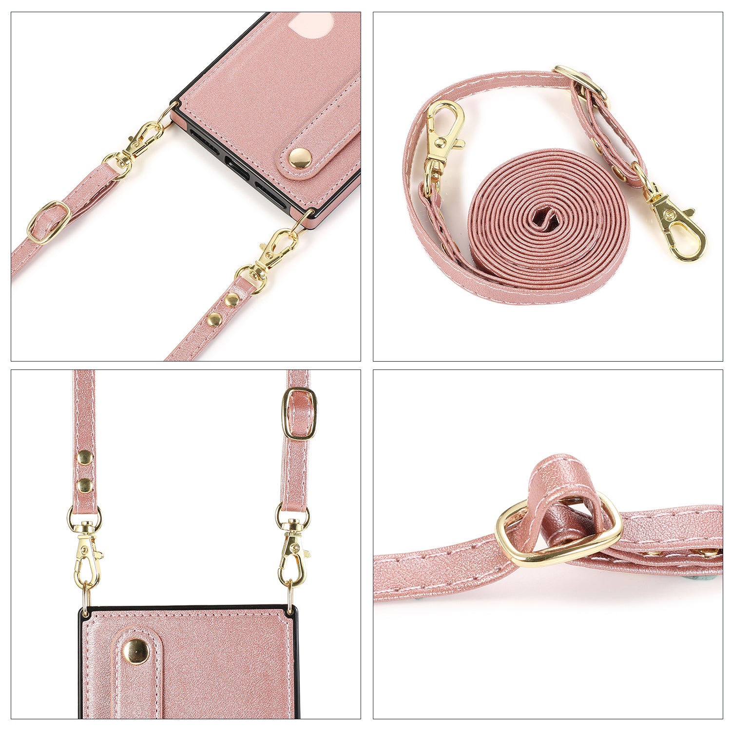 For iPhone 14 Plus Case Shockproof PU Leather Coated TPU Strap Kickstand Protective Back Cover - Rose Gold