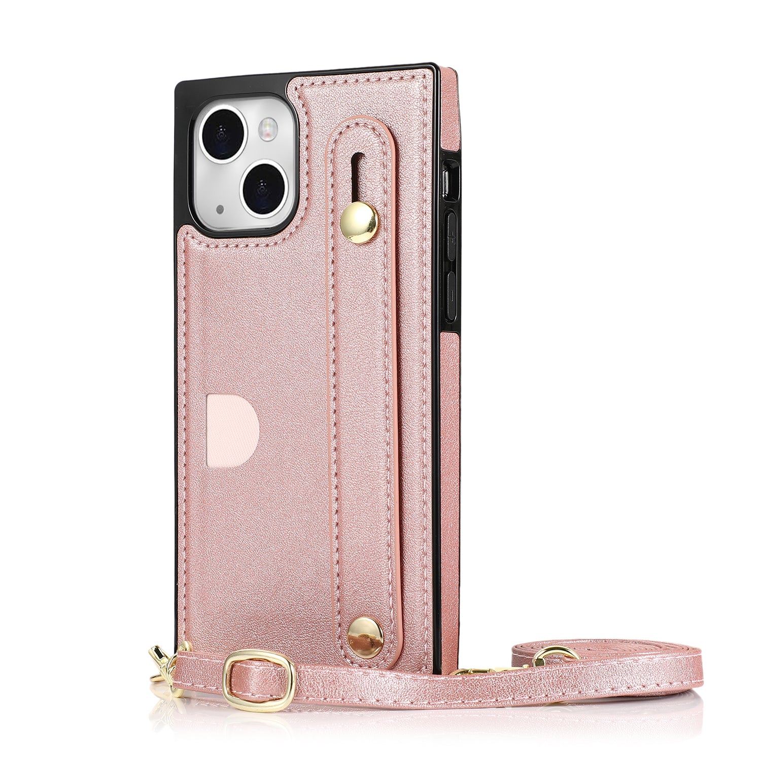 For iPhone 14 Plus Case Shockproof PU Leather Coated TPU Strap Kickstand Protective Back Cover - Rose Gold