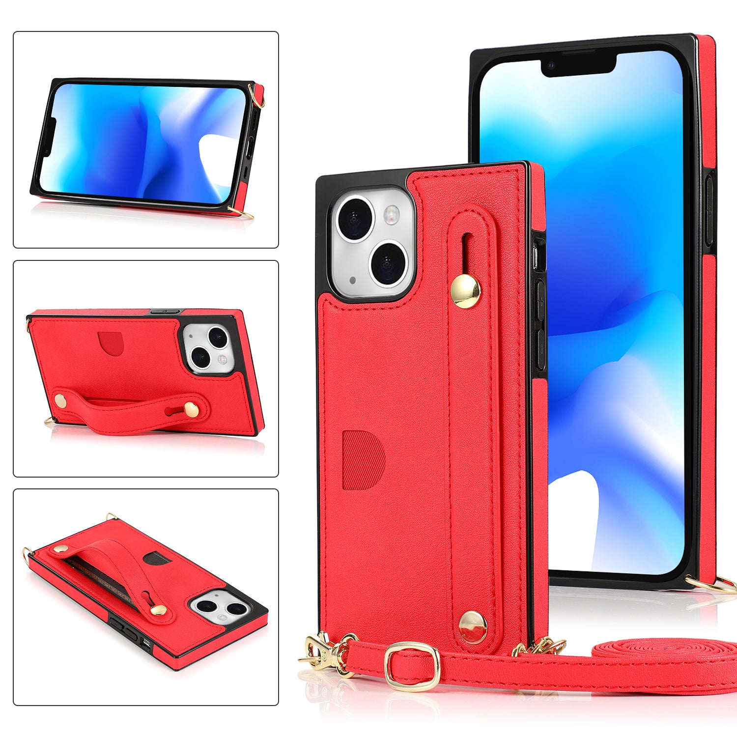 For iPhone 14 Plus Case Shockproof PU Leather Coated TPU Strap Kickstand Protective Back Cover - Rose Gold